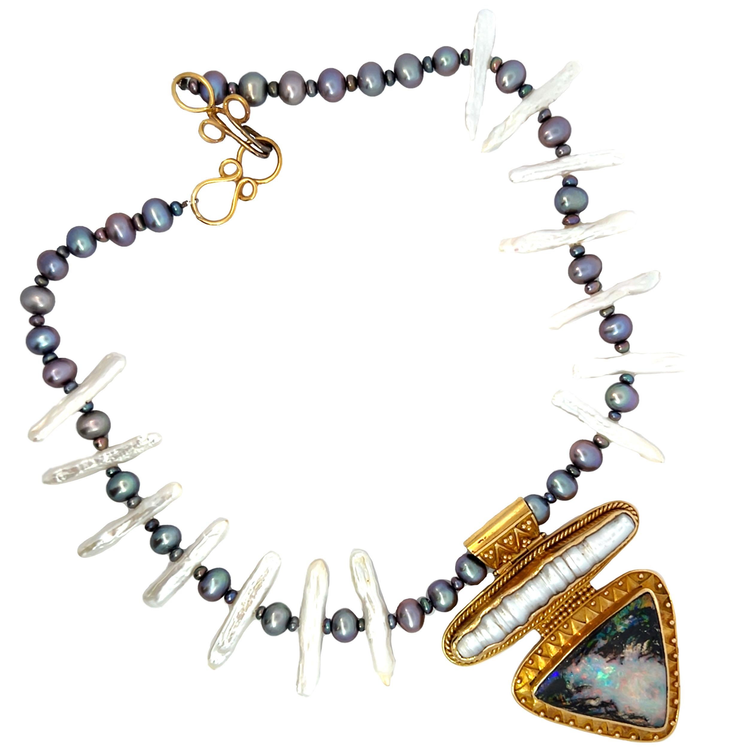 18K Opalized Wood Pearl Pendant Necklace For Sale 2