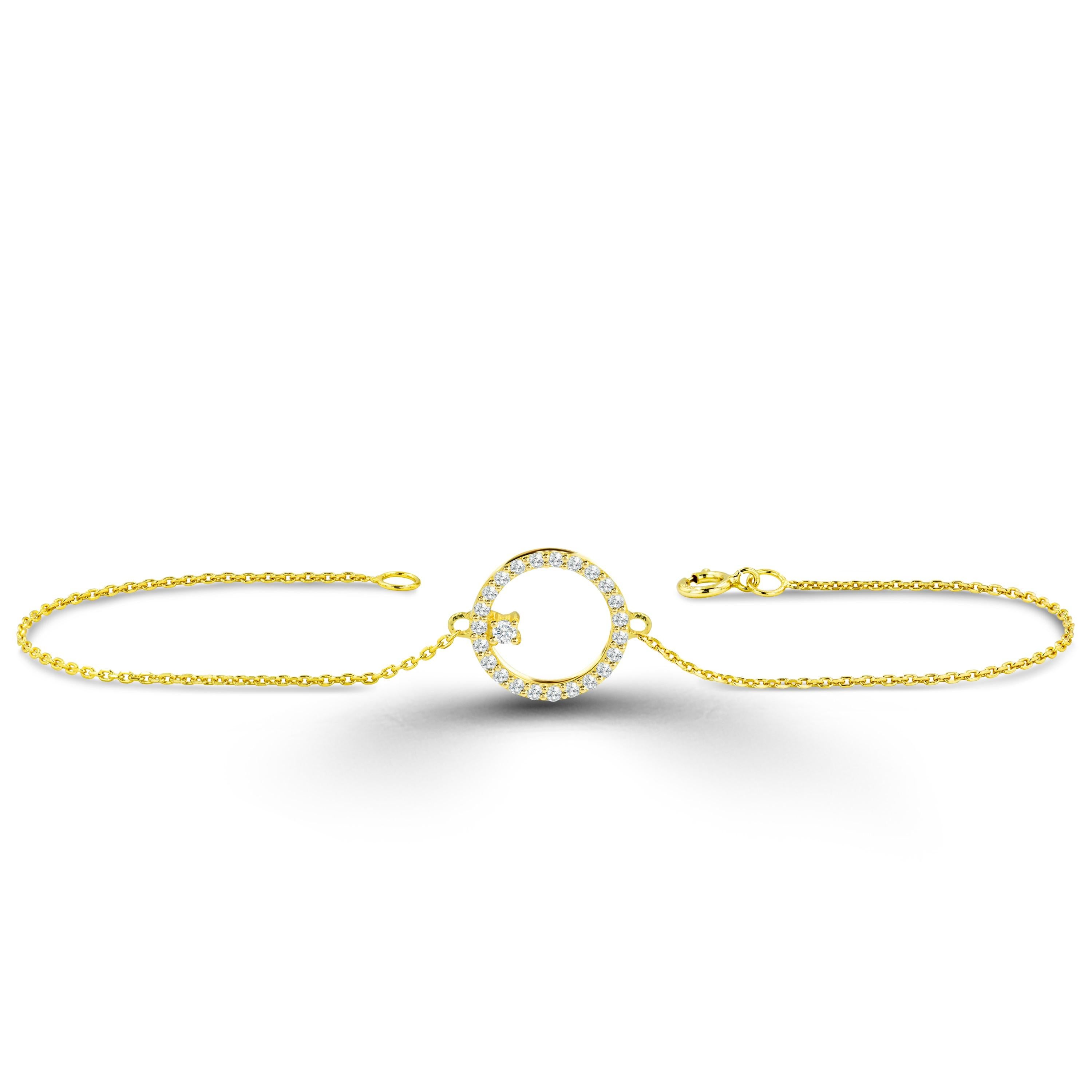 Modern 18K Gold Open Circle Diamond Bracelet With Solitaire Diamond Minimalist Bracelet For Sale
