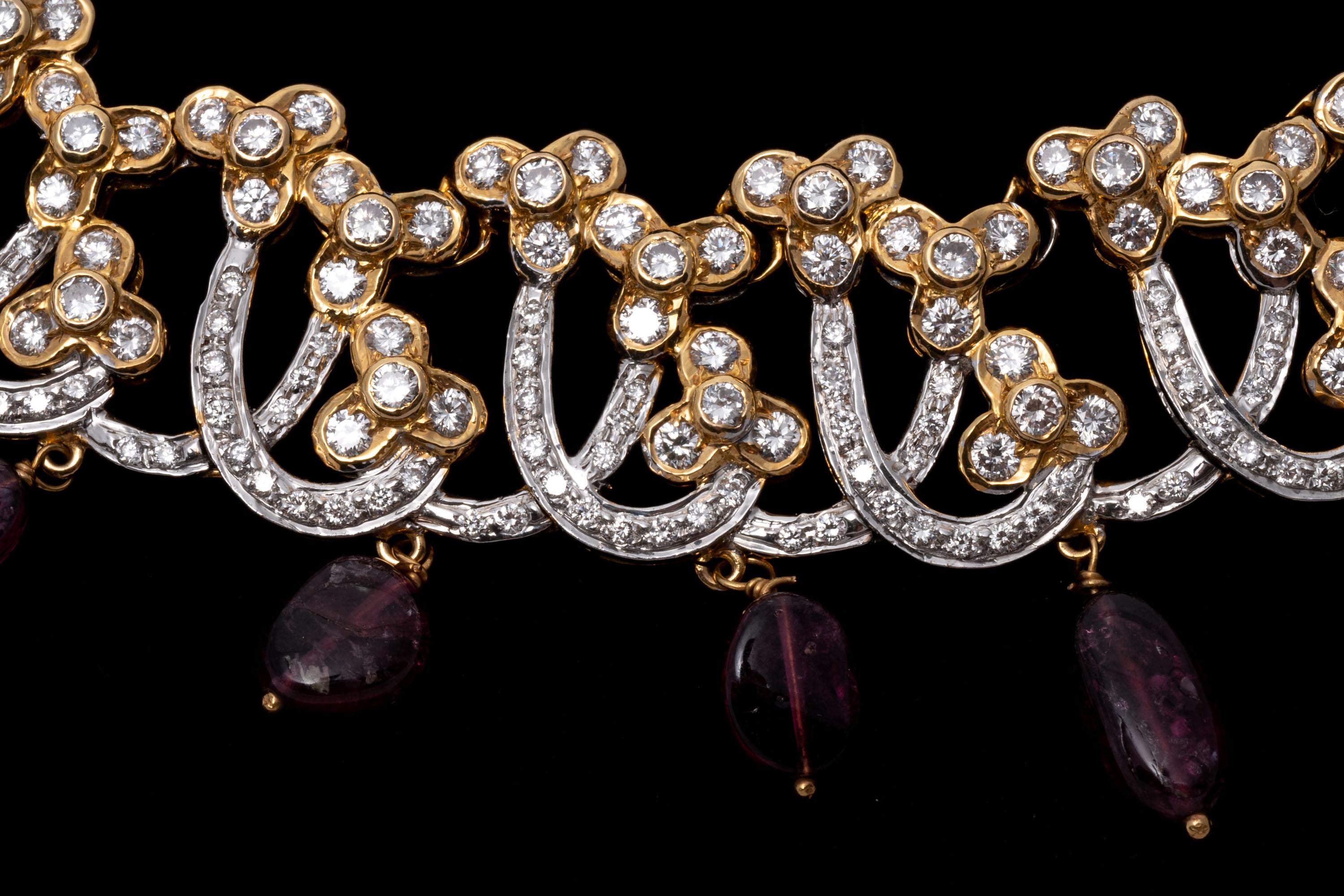 Taglio rotondo Collana con frange di diamanti e tormalina rosa in 18k, App. 8,00 tcw in vendita
