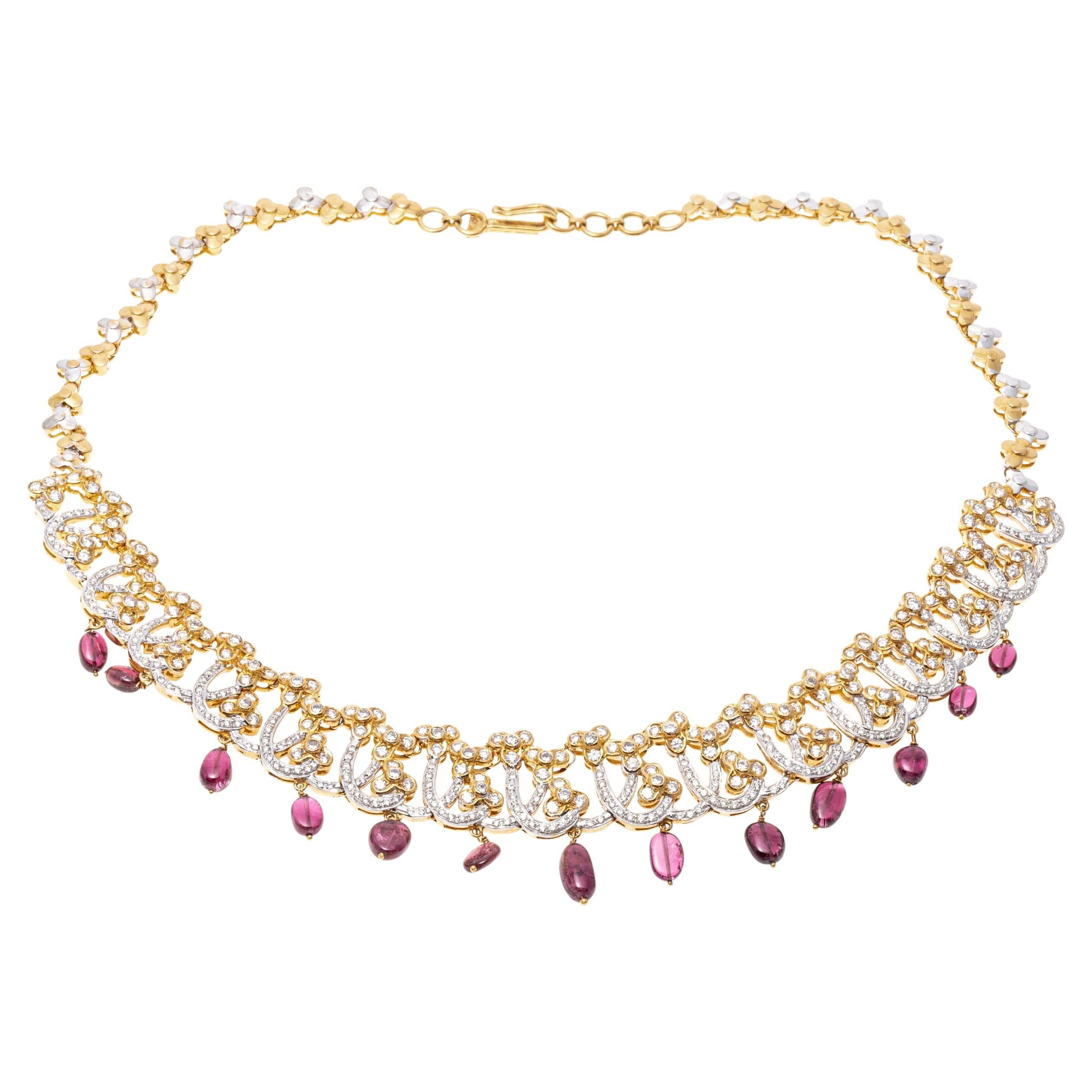 18k Opulent Diamond and Pink Tourmaline Fringe Necklace, App. 8.00 tcw