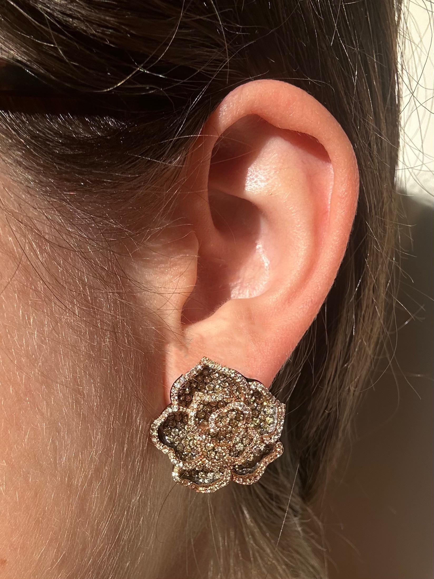 18K Orange and White Diamond Flower Earrings For Sale 5