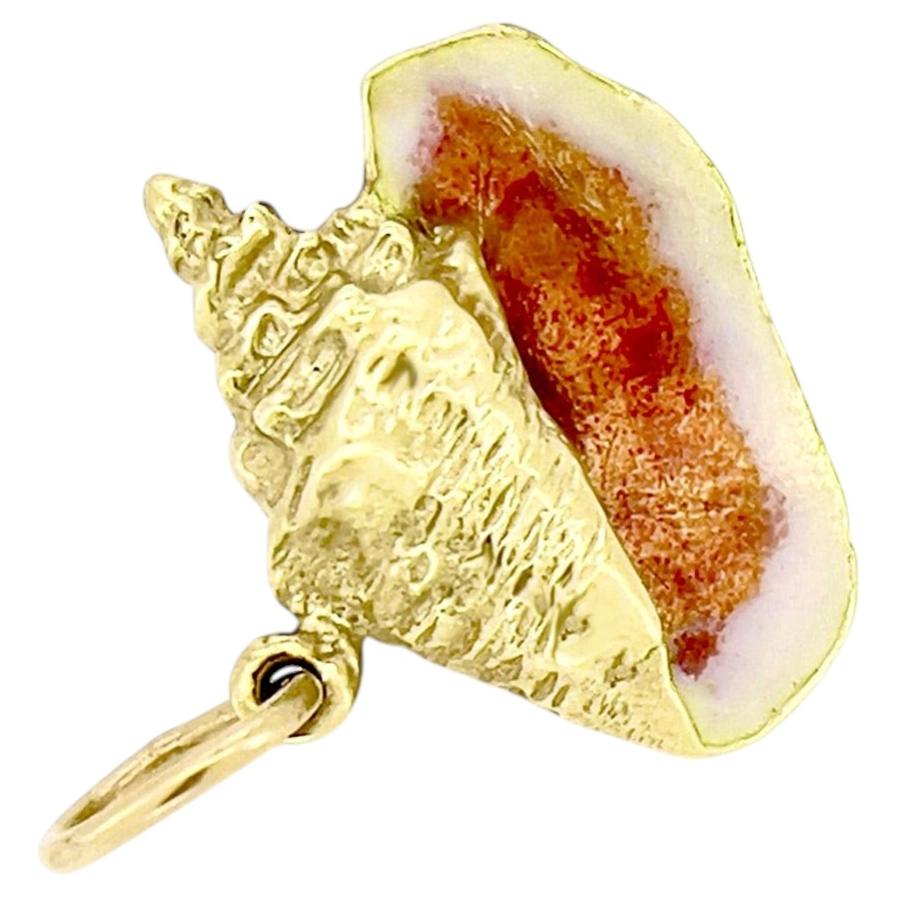 18K Yellow Gold Orange Enamel Conch Shell Charm Pendant, Vintage