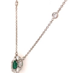 18K Oval Diamond and Emerald Pendant Diamond-by-the-Yard Necklace White Gold