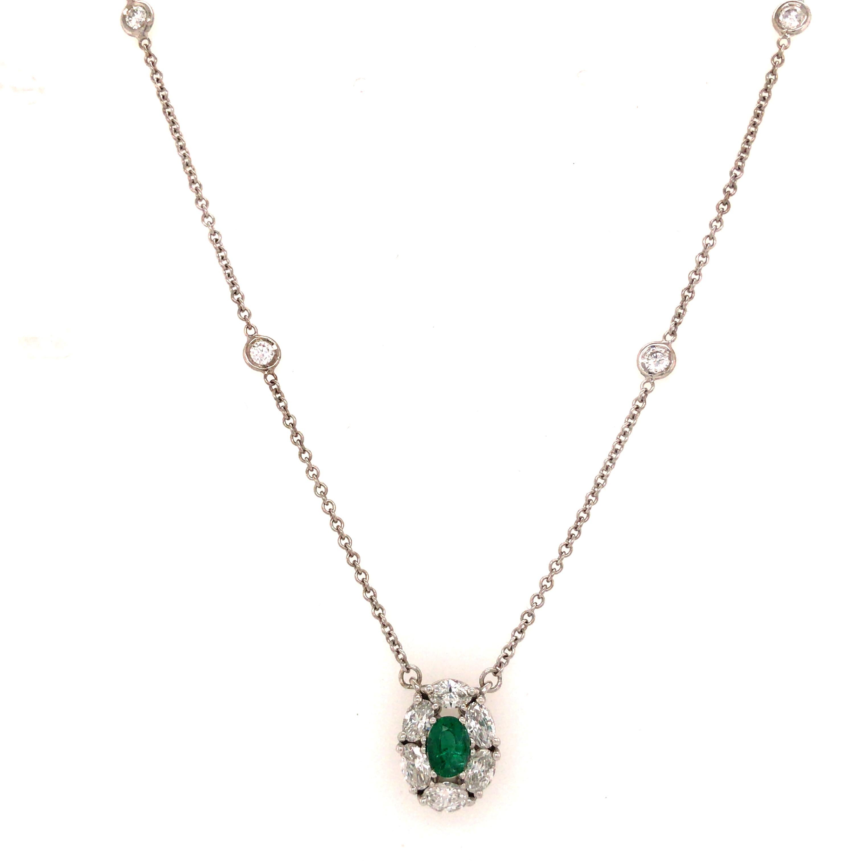 Women's 18K Oval Diamond and Emerald Pendant Diamond-by-the-Yard Necklace White Gold For Sale