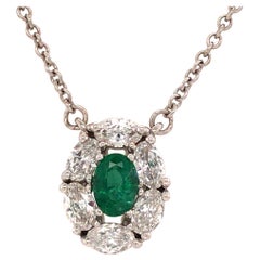 18K Oval Diamond and Emerald Pendant Diamond-by-the-Yard Necklace White Gold