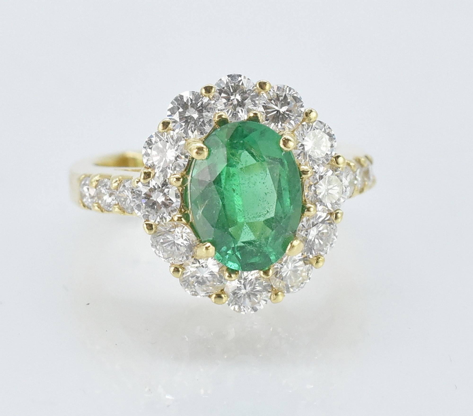 18k oval emerald and diamond ring, size 4 1/2. 1.93ct oval emerald & 2.00ct diamond ring, emerald is GIA certified, diamonds f-g color, vs-2 clarity, 18k yellow gold, size 4 1/2, total weight 8.2 grams.