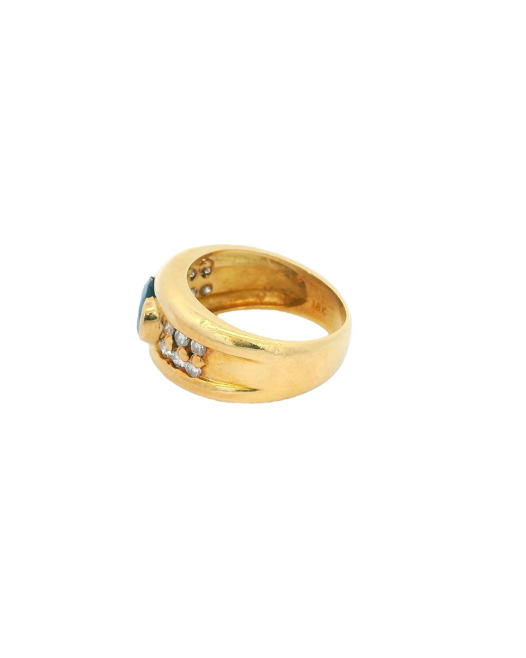A bold and elegant ring featuring a 1.0 carat oval-shaped blue sapphire of deep blue color.

The ring is accented by 0.42 carats of round brilliant-cut diamonds, showcasing a very slightly included clarity and G color grade.

Crafted in 18k gold,