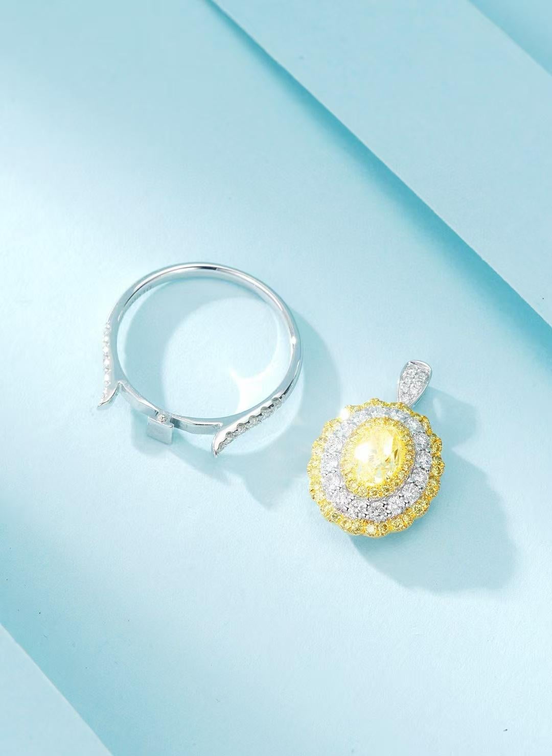 Oval Cut GIA Certified 1 Carat Vivid Yellow Diamond Double Halo Ring/Pendant For Sale