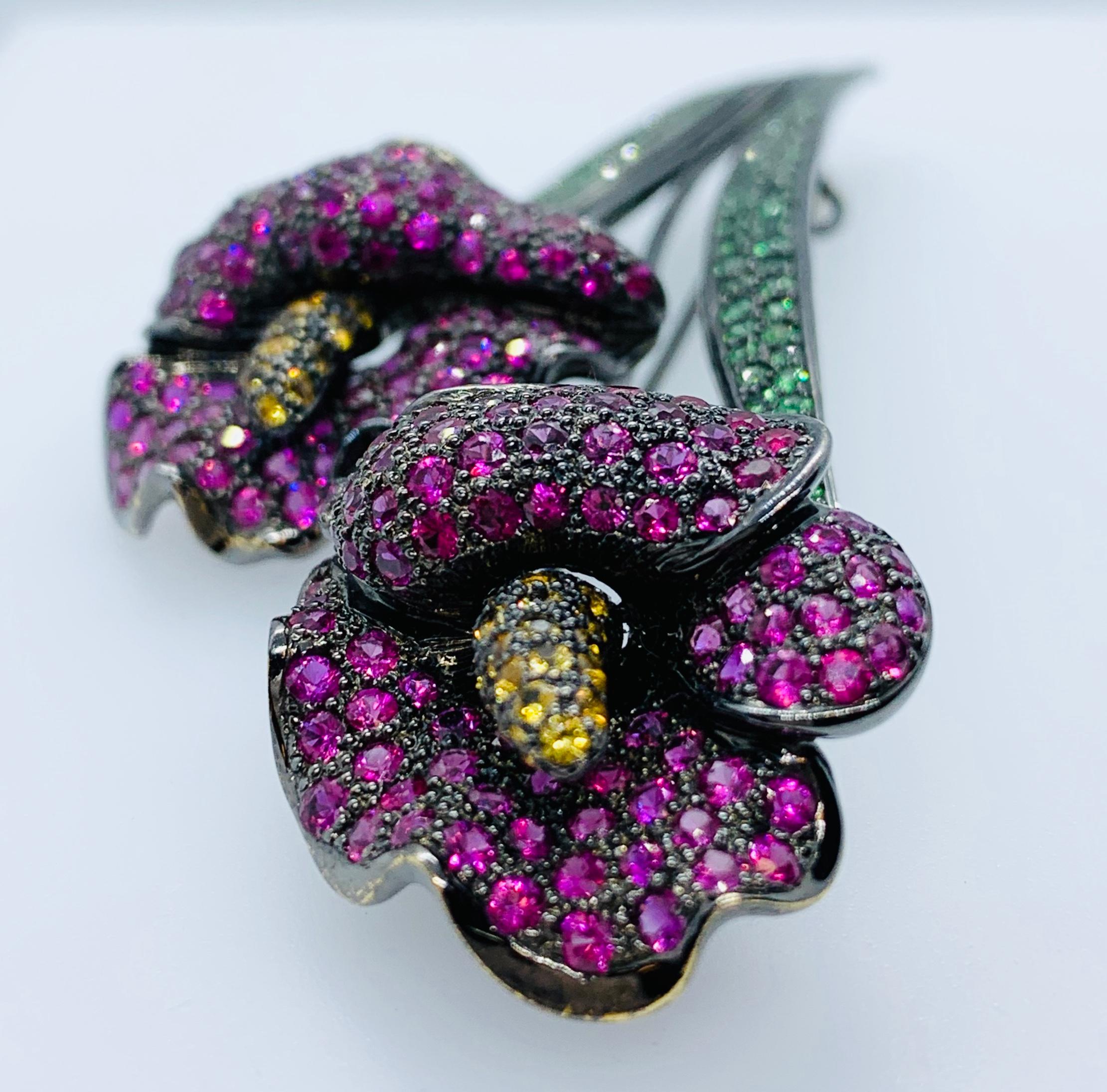 Women's or Men's 18 Karat Oxidized Gold Pink and Yellow Sapphire, Tsavorite Garnet Floral Brooch