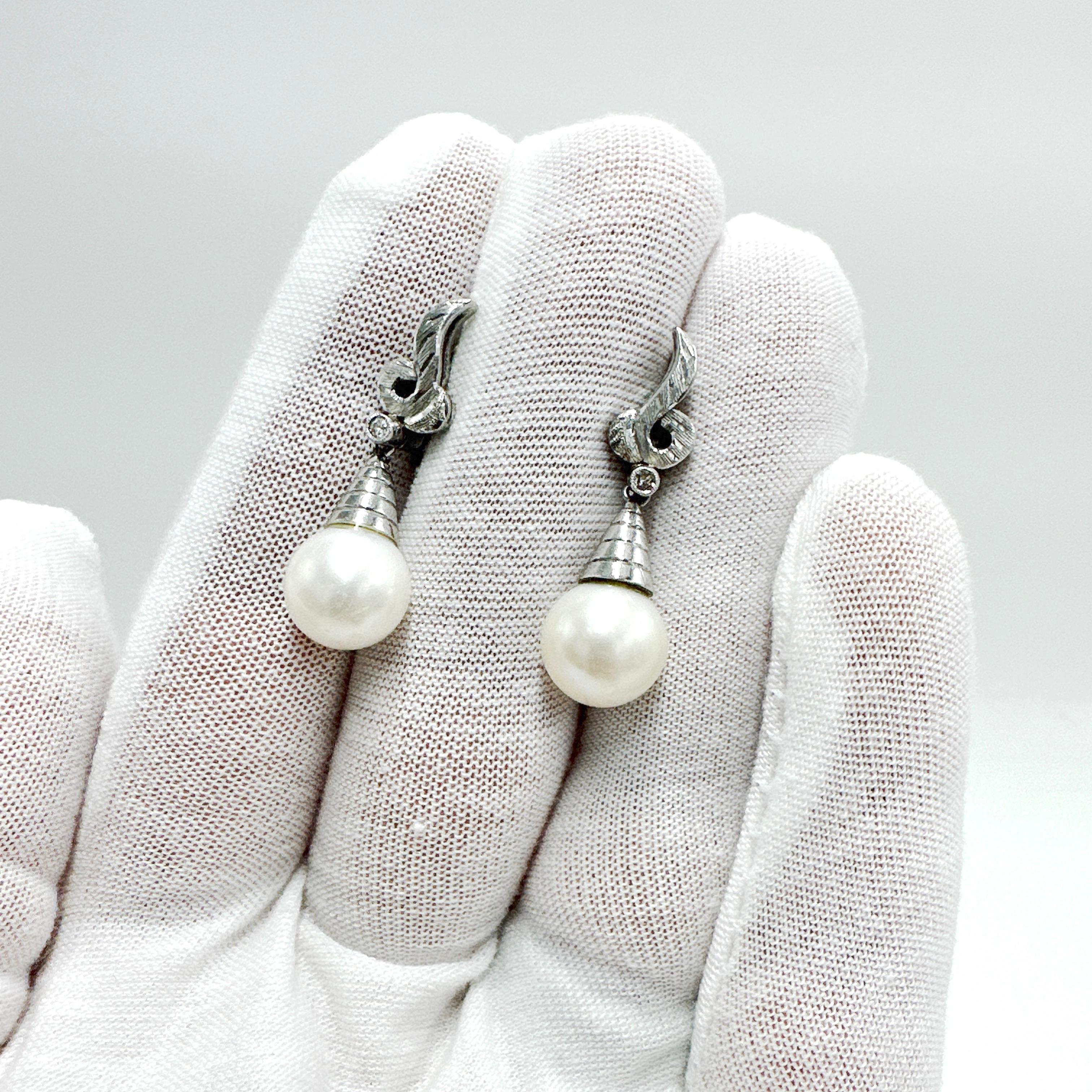 Art Deco 18k/PALLADIUM Blend Custom Hand Made Saltwater Cultured Pearl and Natural Diamon For Sale