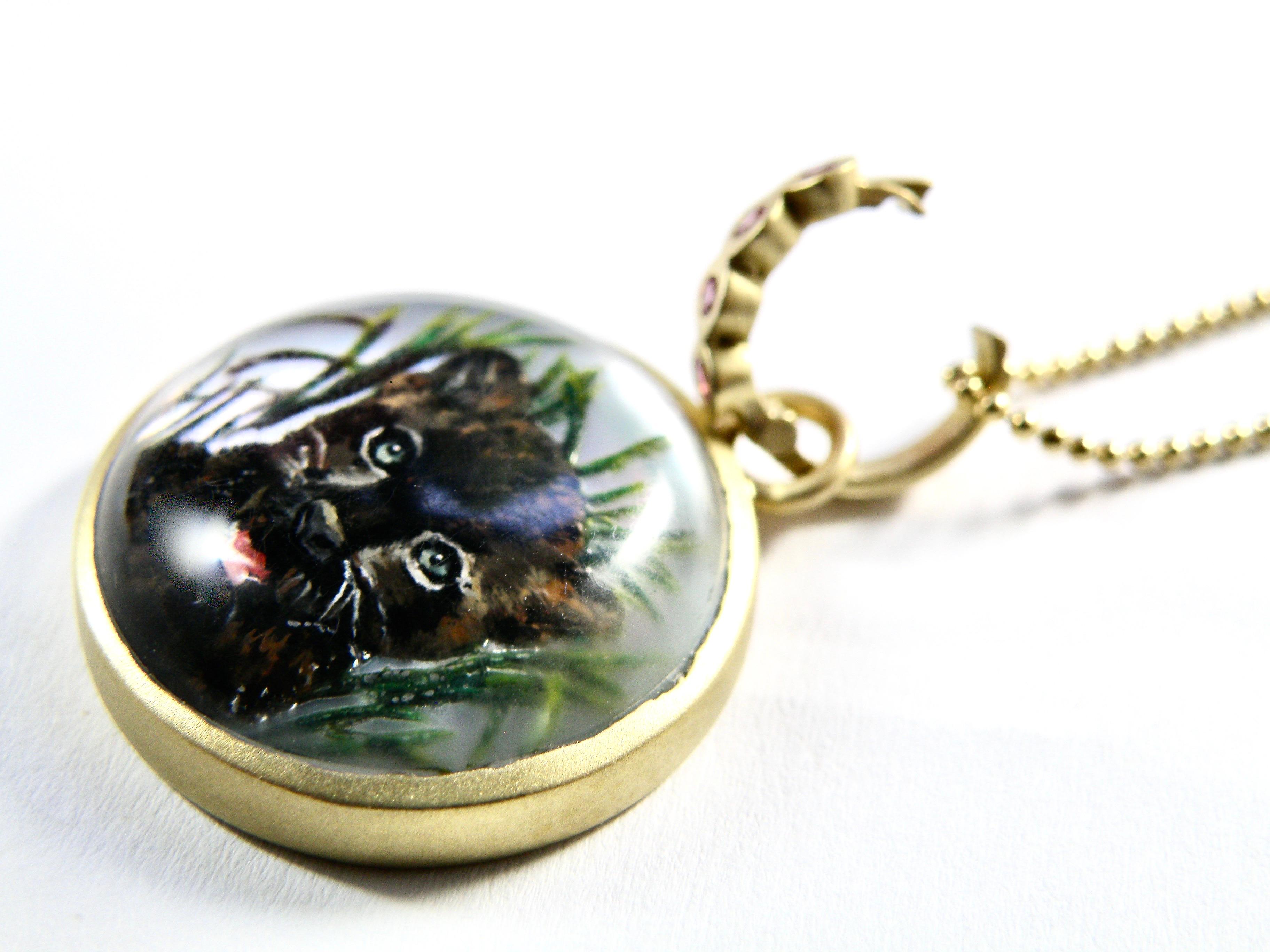 Contemporary 18K Panther Cub Reverse Crystal Hand Painted Pendant w sapphire Bail For Sale