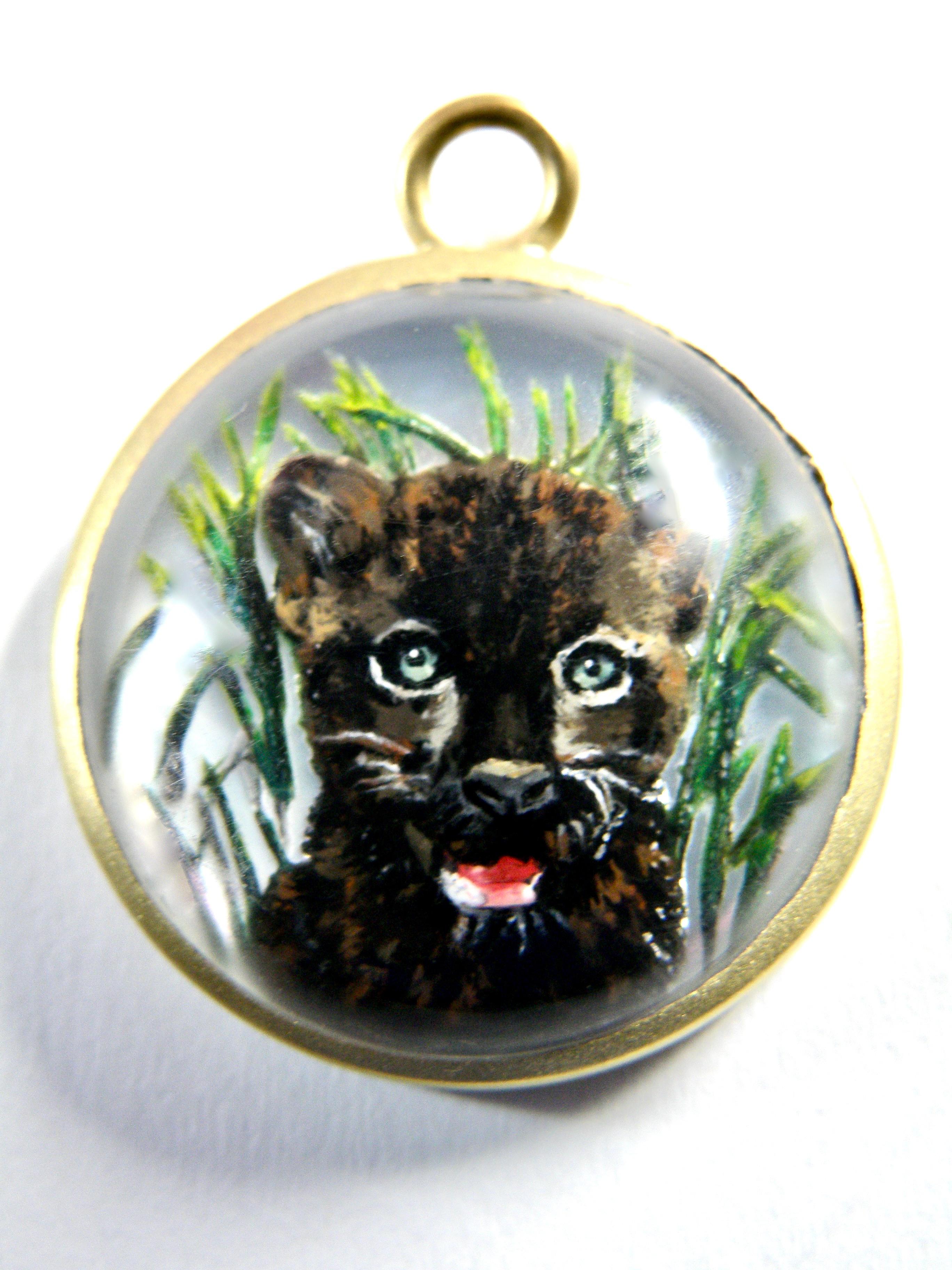 Round Cut 18K Panther Cub Reverse Crystal Hand Painted Pendant w sapphire Bail For Sale