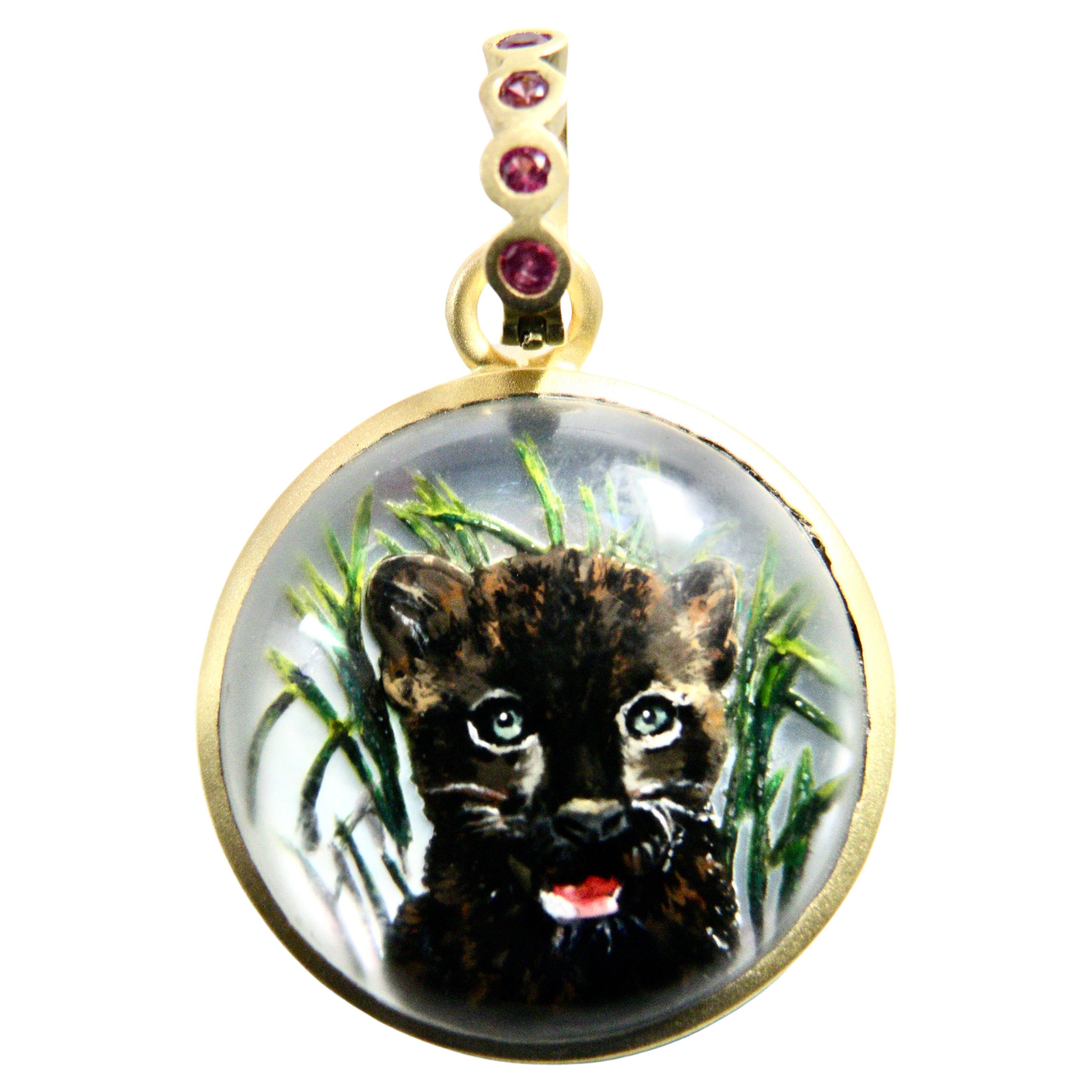 18K Panther Cub Reverse Crystal Hand Painted Pendant w sapphire Bail For Sale