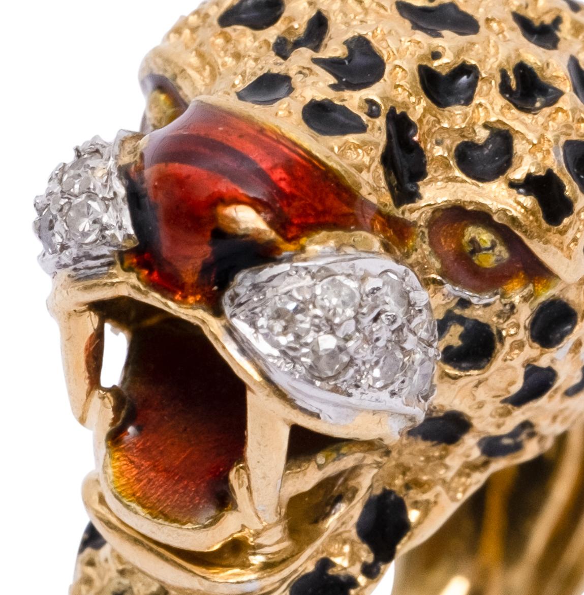 Panther 18k gold ring, enamel design with diamonds . Size 6. Gross weight 11.2 grams.