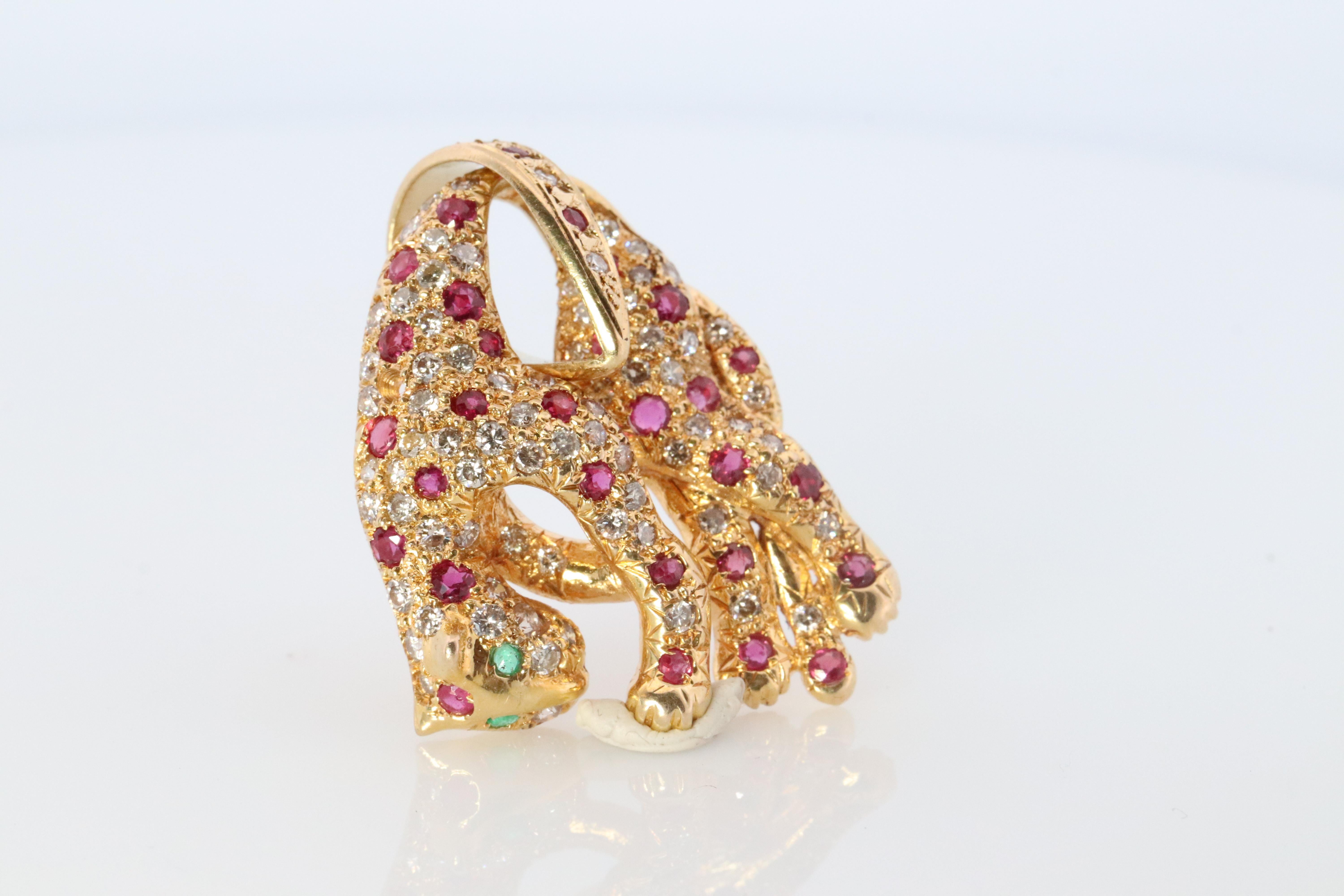 Modern 18k Panther Leopard Jaguar Cheetah Ruby Pendant. Encrusted Rubies and Diamonds. For Sale