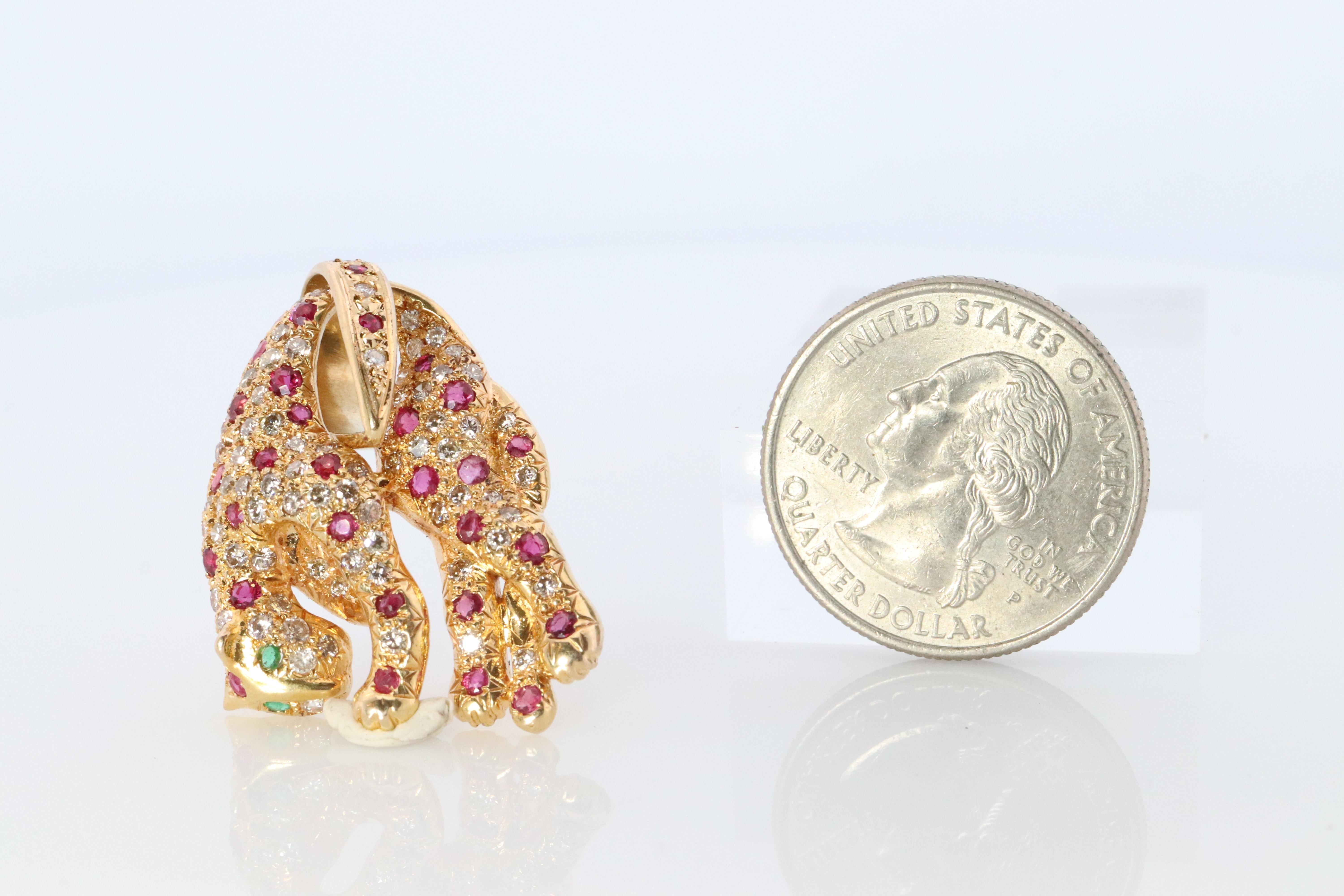 Round Cut 18k Panther Leopard Jaguar Cheetah Ruby Pendant. Encrusted Rubies and Diamonds. For Sale