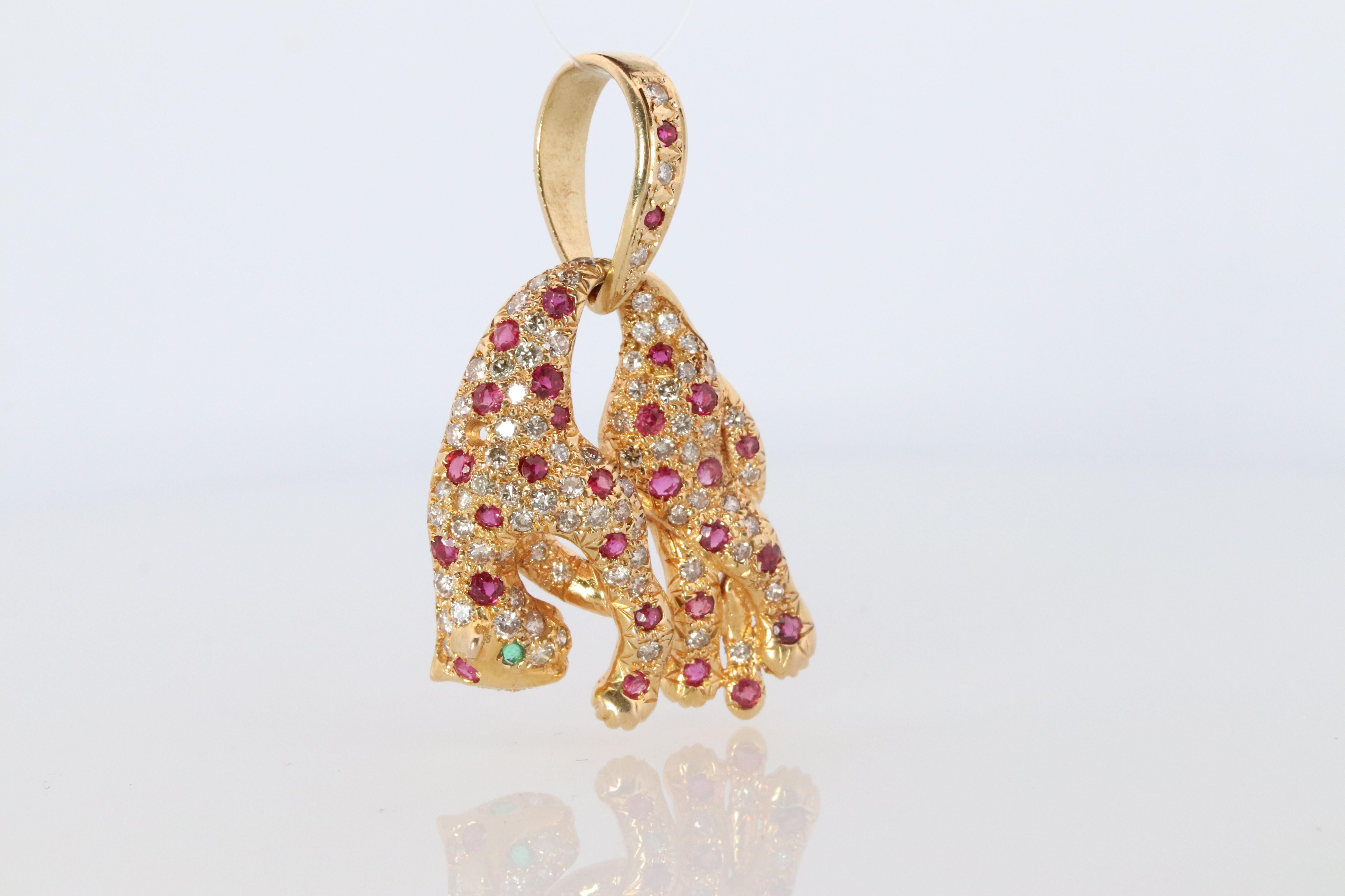18k Panther Leopard Jaguar Cheetah Ruby Pendant. Encrusted Rubies and Diamonds. For Sale 1