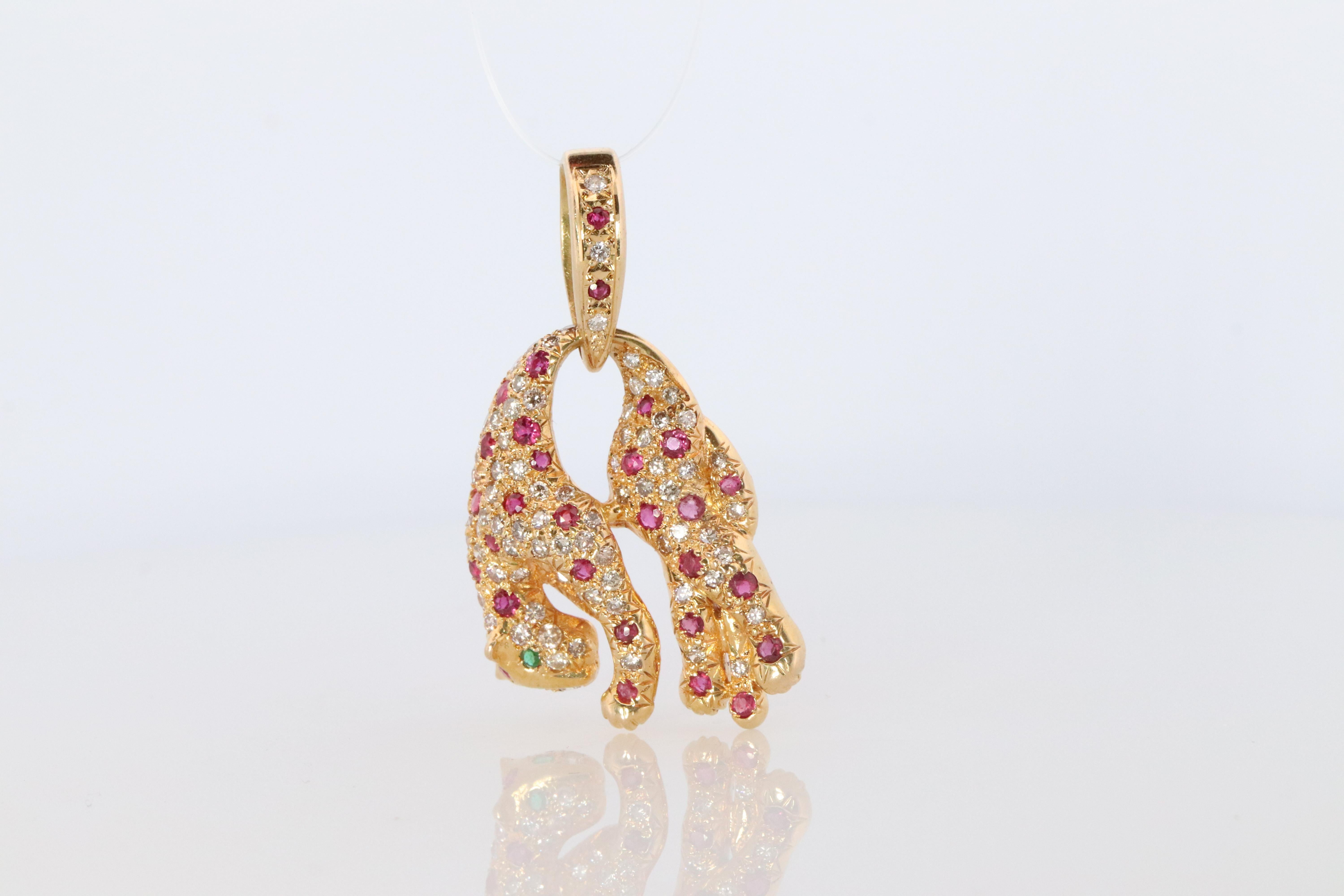 18k Panther Leopard Jaguar Cheetah Ruby Pendant. Encrusted Rubies and Diamonds. For Sale 2
