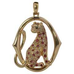 18k Panther Leopard Jaguar Cheetah Ruby Pendant. Encrusted Rubies and Diamonds.