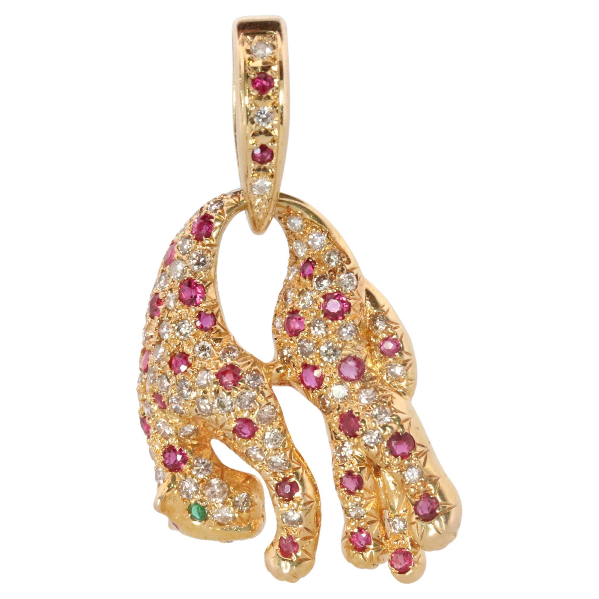 18k Panther Leopard Jaguar Cheetah Ruby Pendant. Encrusted Rubies and Diamonds. For Sale