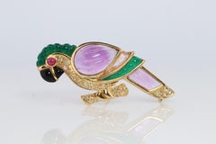 18k Parrot Colorful Pendant, Necklace Brooch. Diamond Ruby Onyx Amethyst Bird