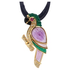 18k Parrot Colorful Pendant, Necklace Brooch. Diamond Ruby Onyx Amethyst Bird