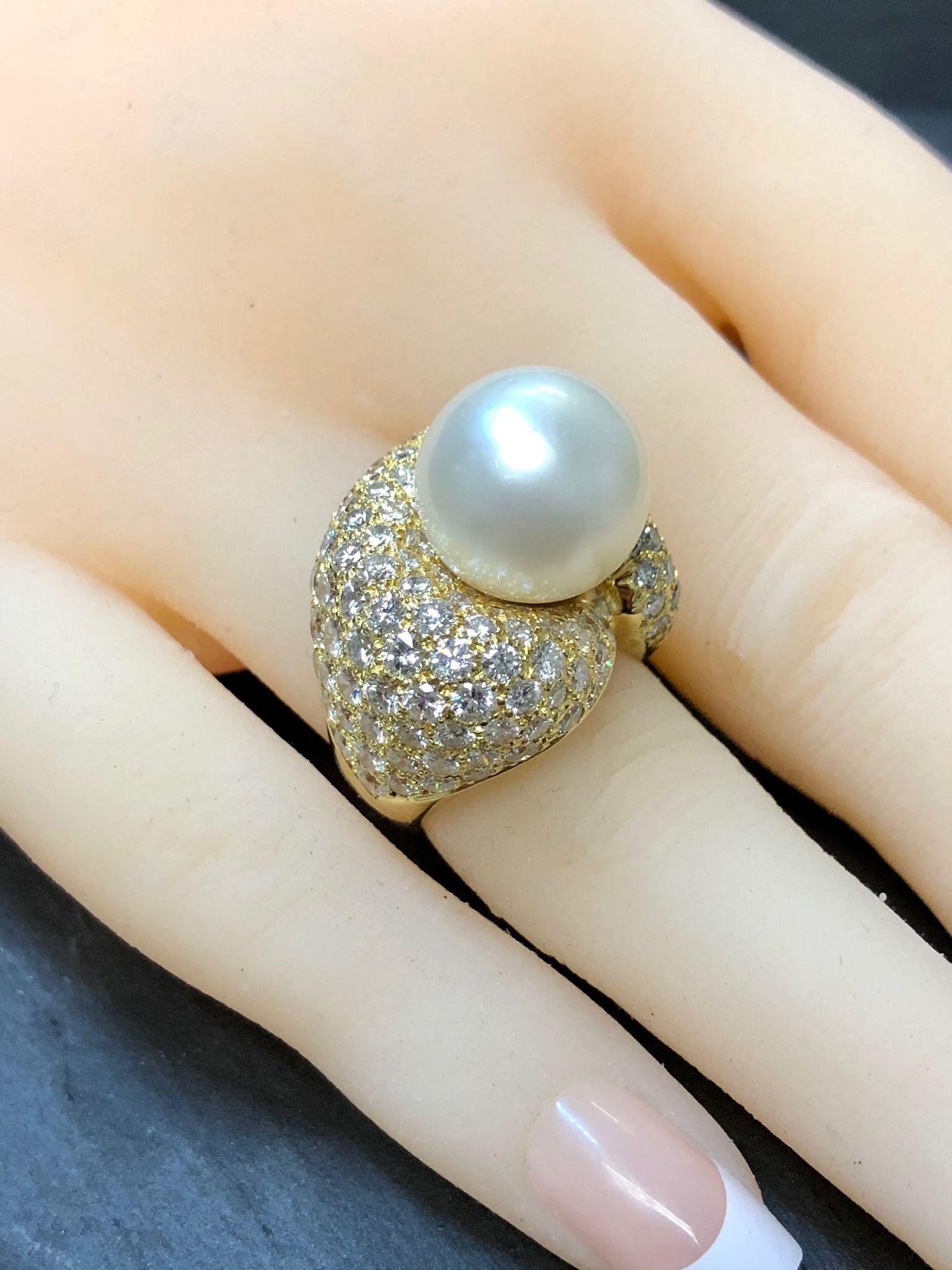 Women's or Men's 18K Pave Diamond Pearl Cocktail Ring 6cttw Sz 5.25 For Sale