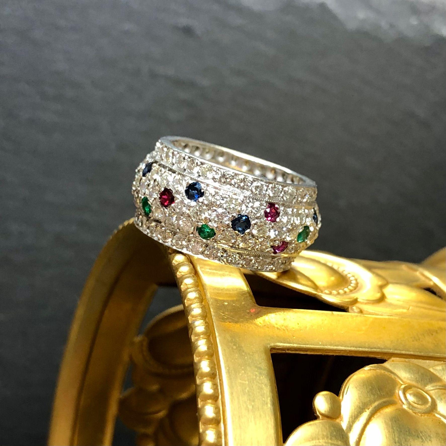 18K Pave Diamond Ruby Emerald Sapphire Domed Wide Band Ring In Good Condition For Sale In Winter Springs, FL
