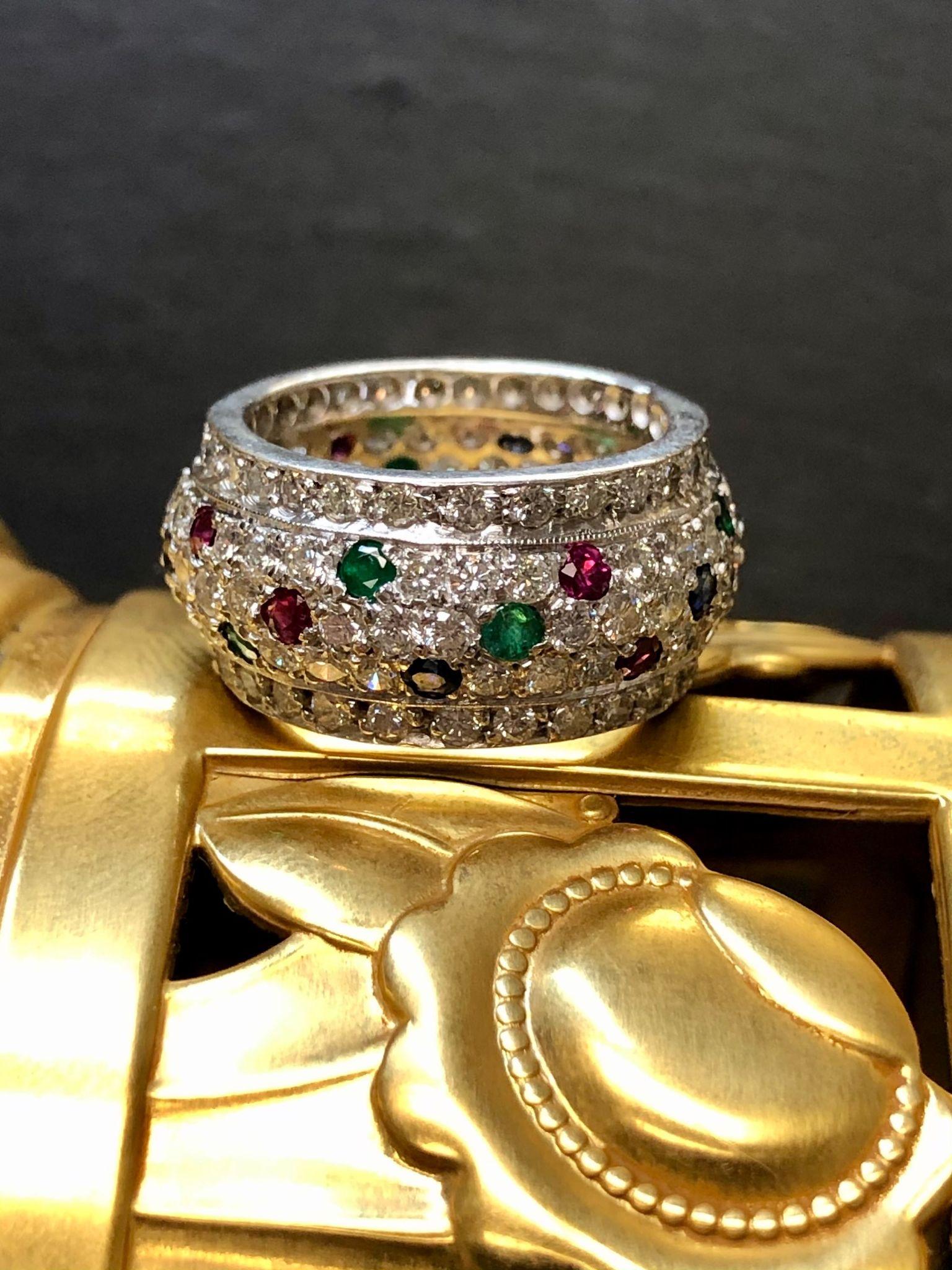 Women's or Men's Estate 18K Pave Diamond Ruby Emerald Sapphire Domed Wide Band Ring 3.90ctw Sz 6 For Sale