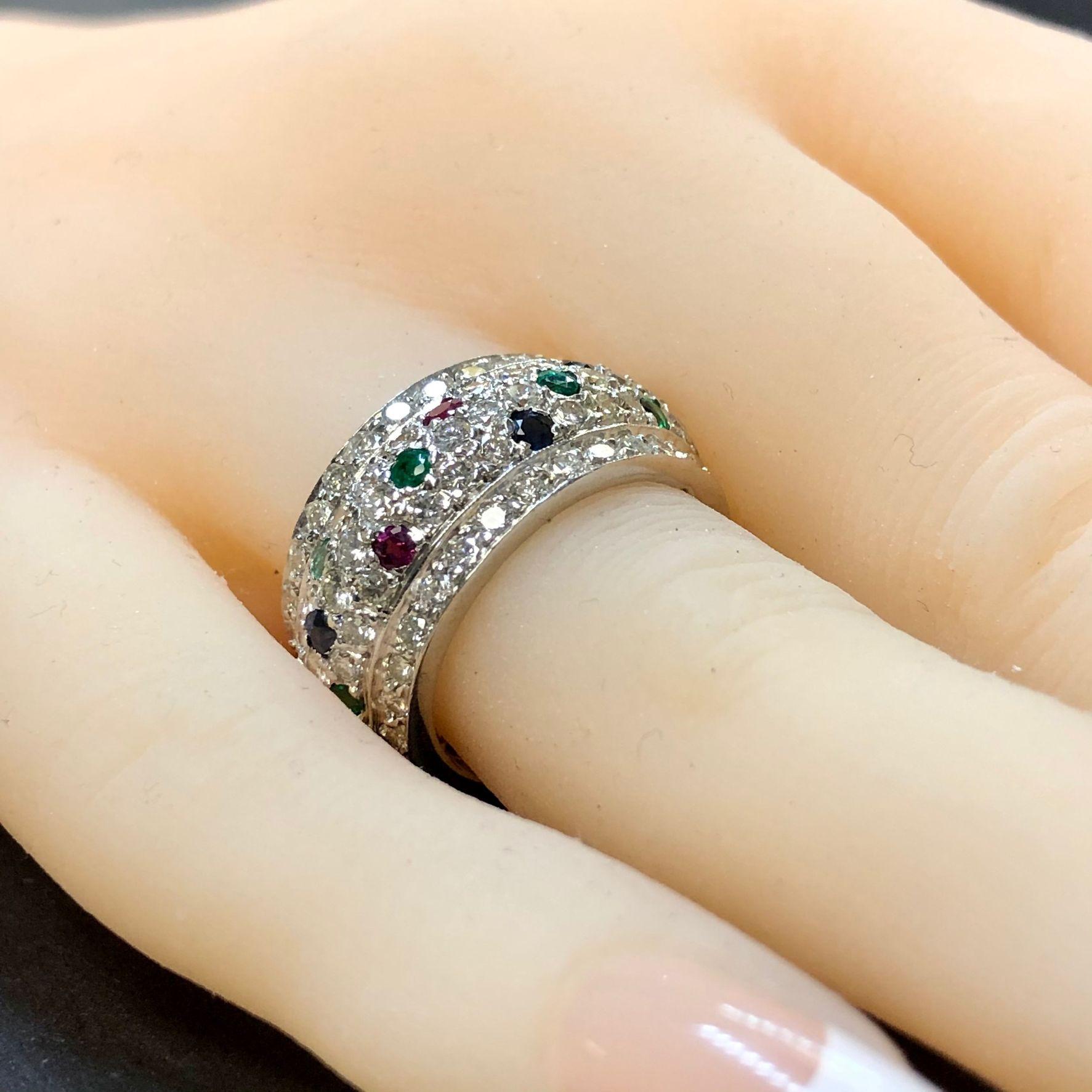 18K Pave Diamond Ruby Emerald Sapphire Domed Wide Band Ring For Sale 2
