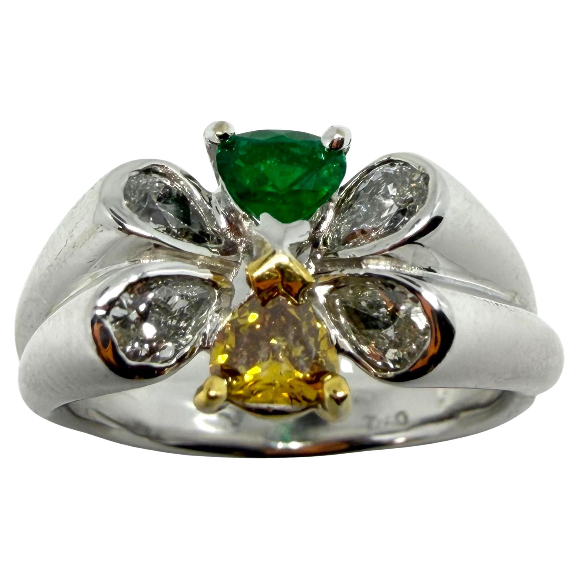 18k Pear Cut White and Yellow Diamond, and Emerald Butterfly Band Ring For Sale