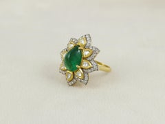 18K Pear shaped natural Zambian Emerald ring with full cut and uncut diamonds