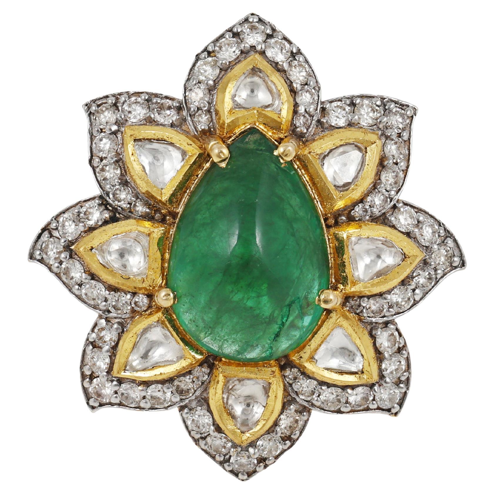 Bague émeraude naturelle de Zambie en forme de poire 18 carats avec diamants pleine taille et non taillés