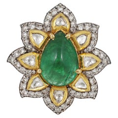 18K Pear shaped natural Zambian Emerald ring with full cut and uncut diamonds