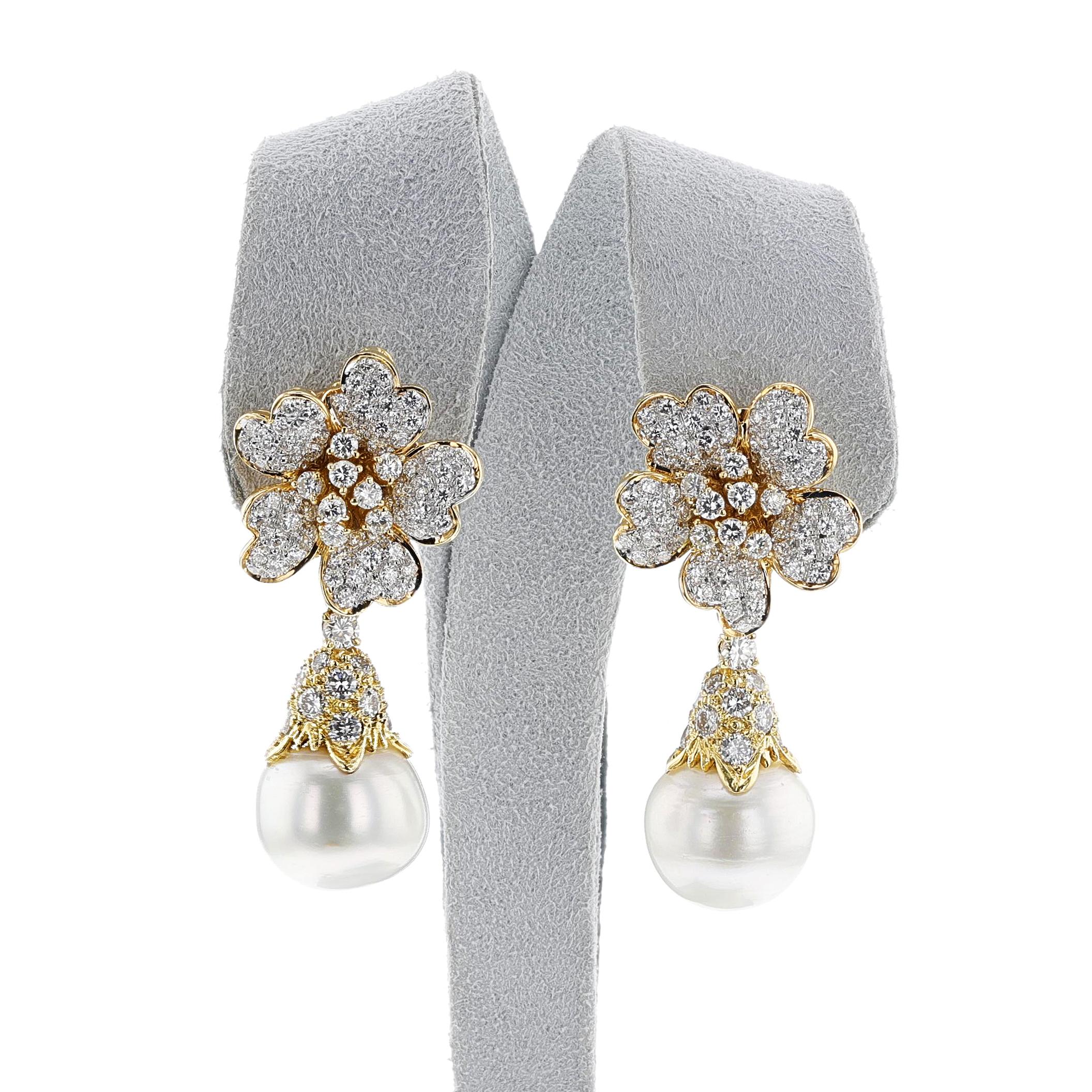 Round Cut 18K Pearl and Diamond Day and Night Earrings For Sale