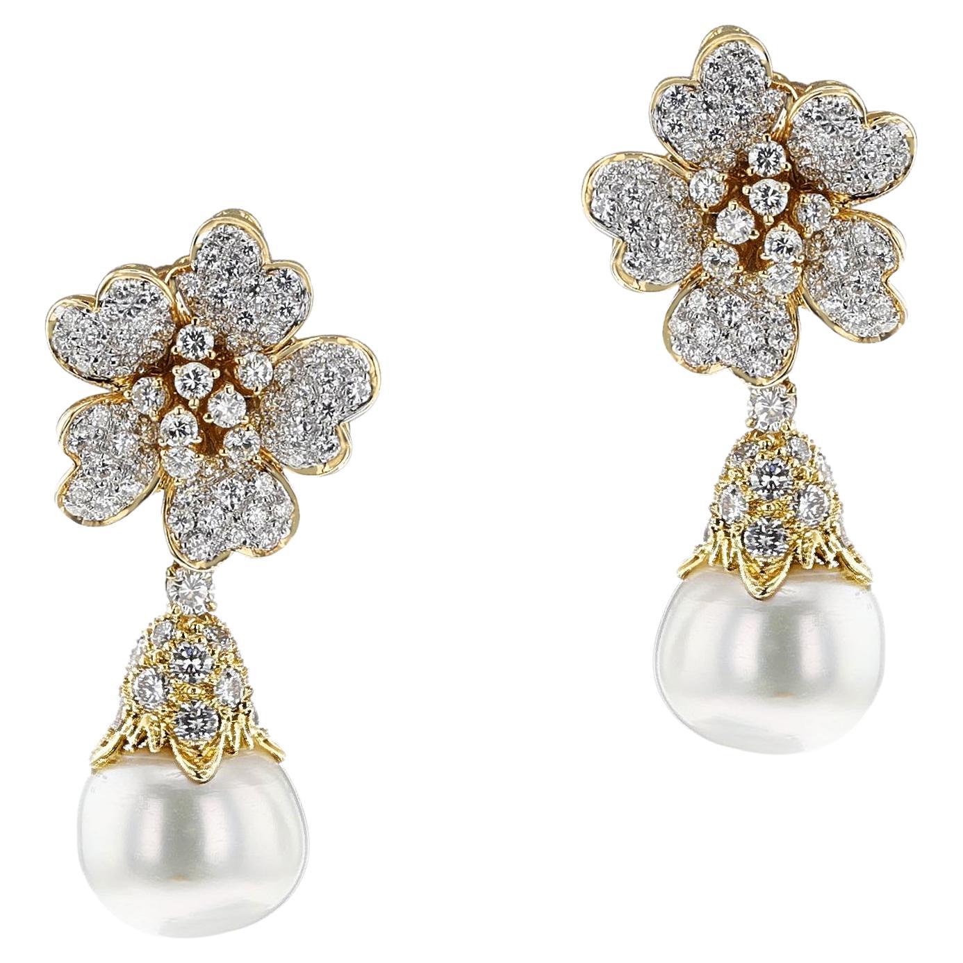18K Pearl and Diamond Day and Night Earrings For Sale