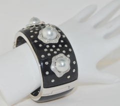 18 Karat Pearl and Diamond in Black Natural Jade Bangle Bracelet