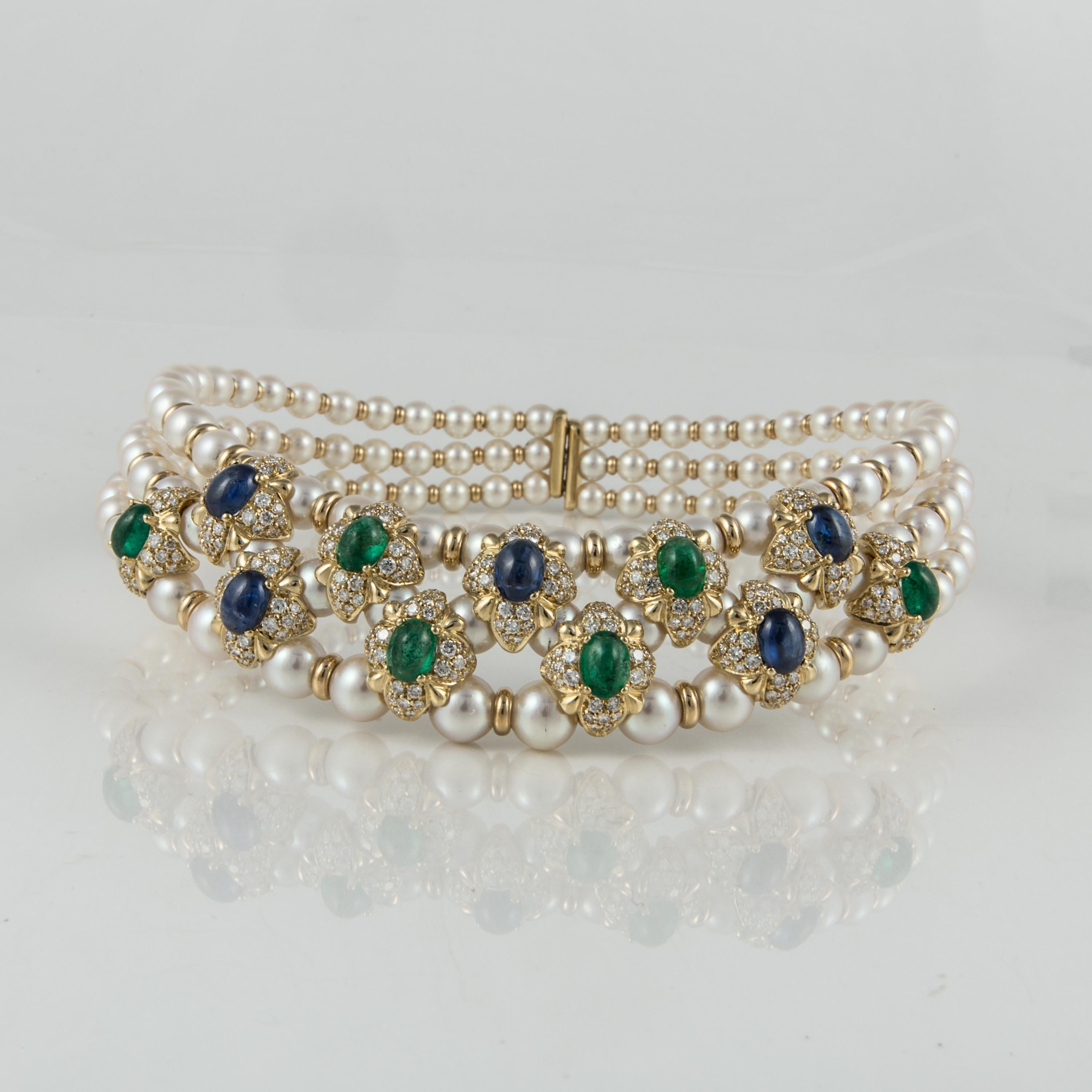 18 Karat Pearl Collar with Emeralds Sapphires Diamonds In Good Condition In Houston, TX