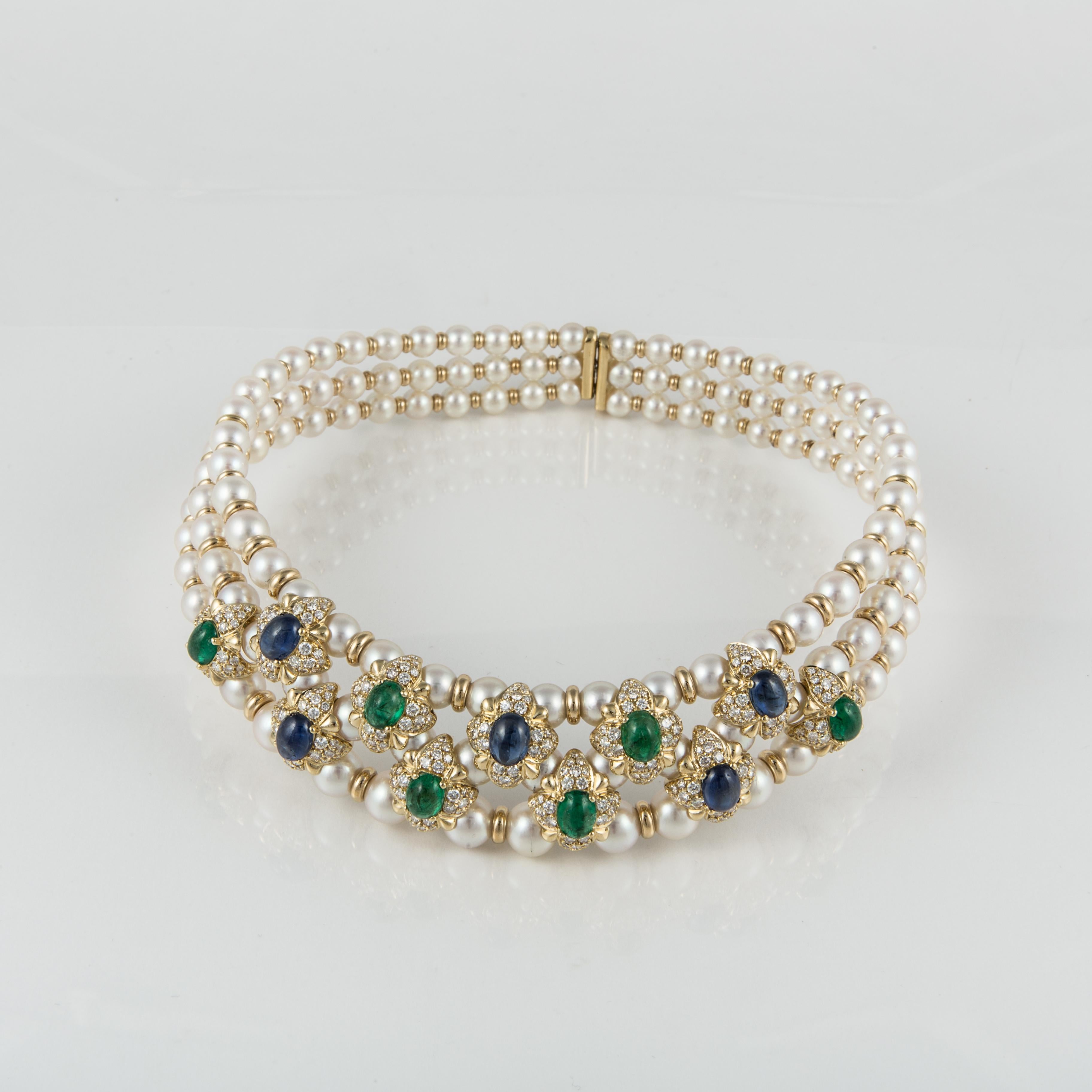 Women's or Men's 18 Karat Pearl Collar with Emeralds Sapphires Diamonds