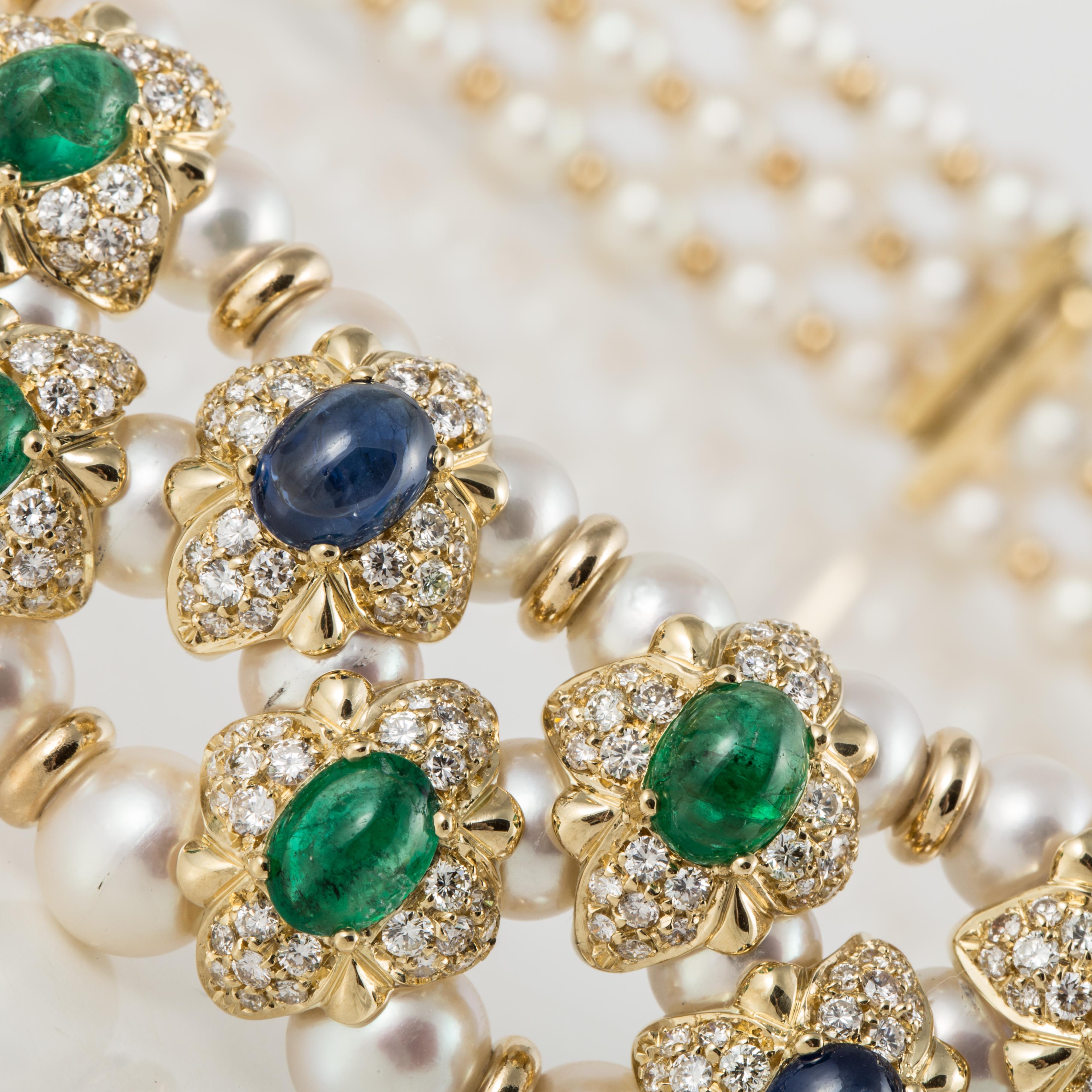 18 Karat Pearl Collar with Emeralds Sapphires Diamonds 1