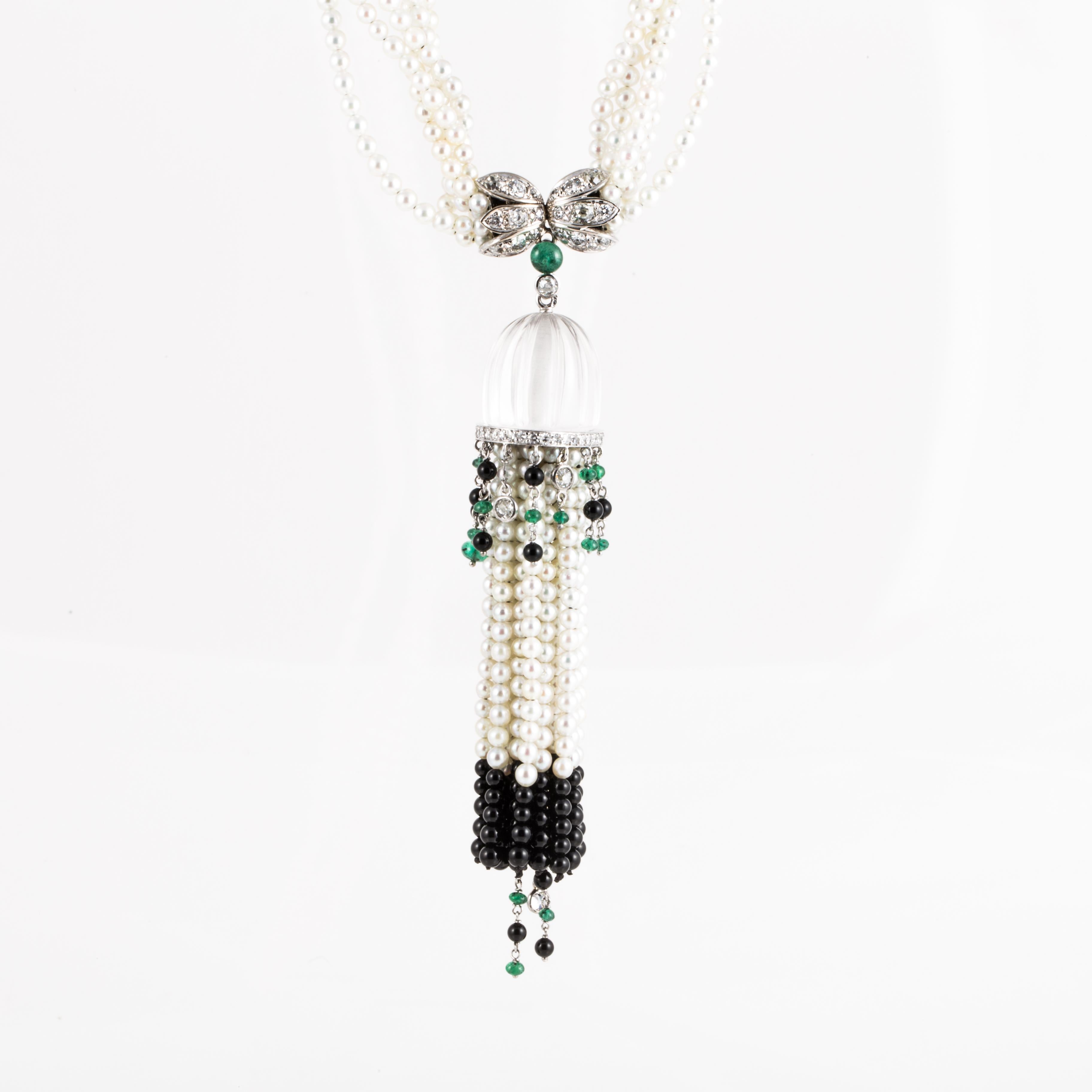 Mixed Cut Pearl Diamond Onyx and Emerald Tassel Necklace with 18K White Gold For Sale