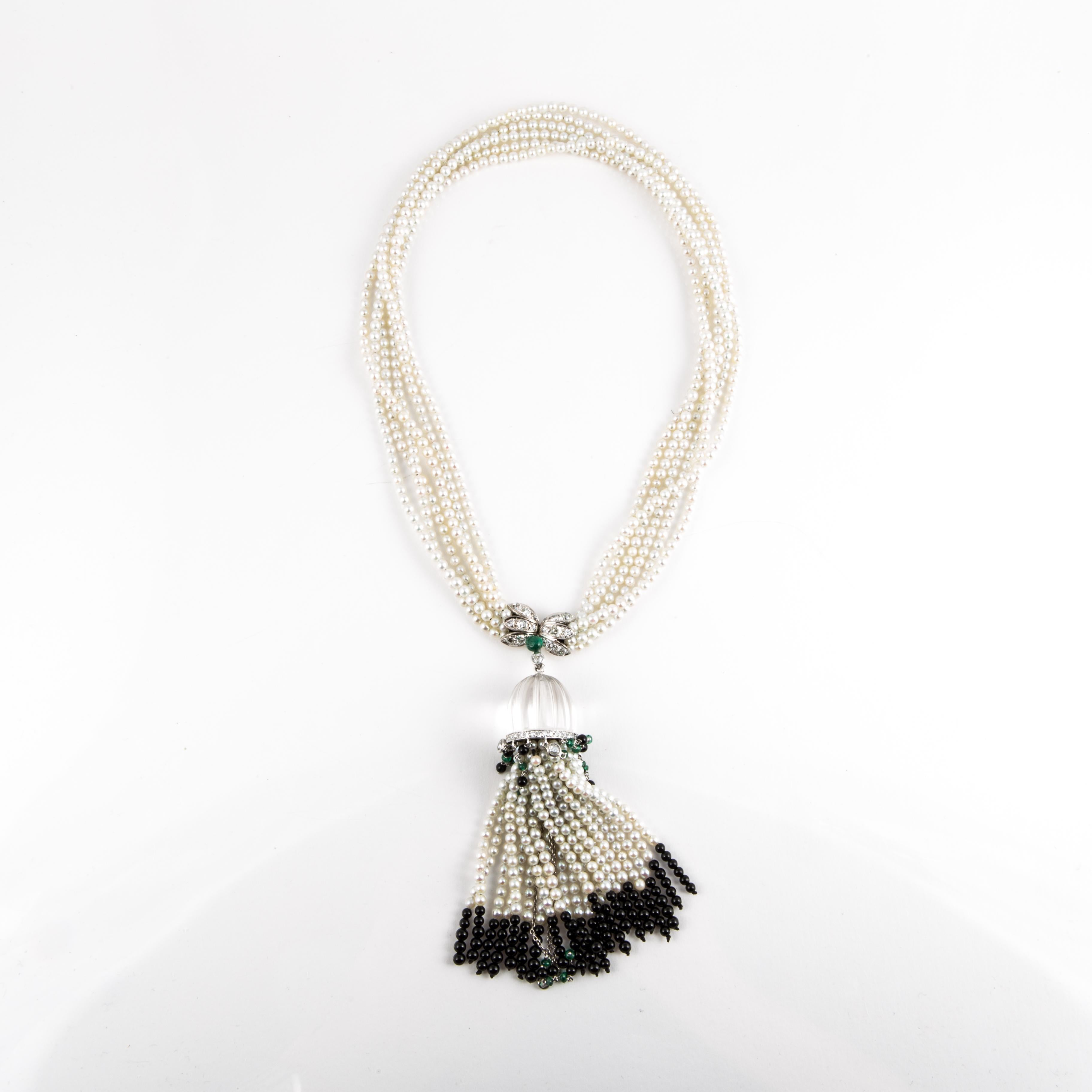 Pearl Diamond Onyx and Emerald Tassel Necklace with 18K White Gold In Good Condition For Sale In Houston, TX