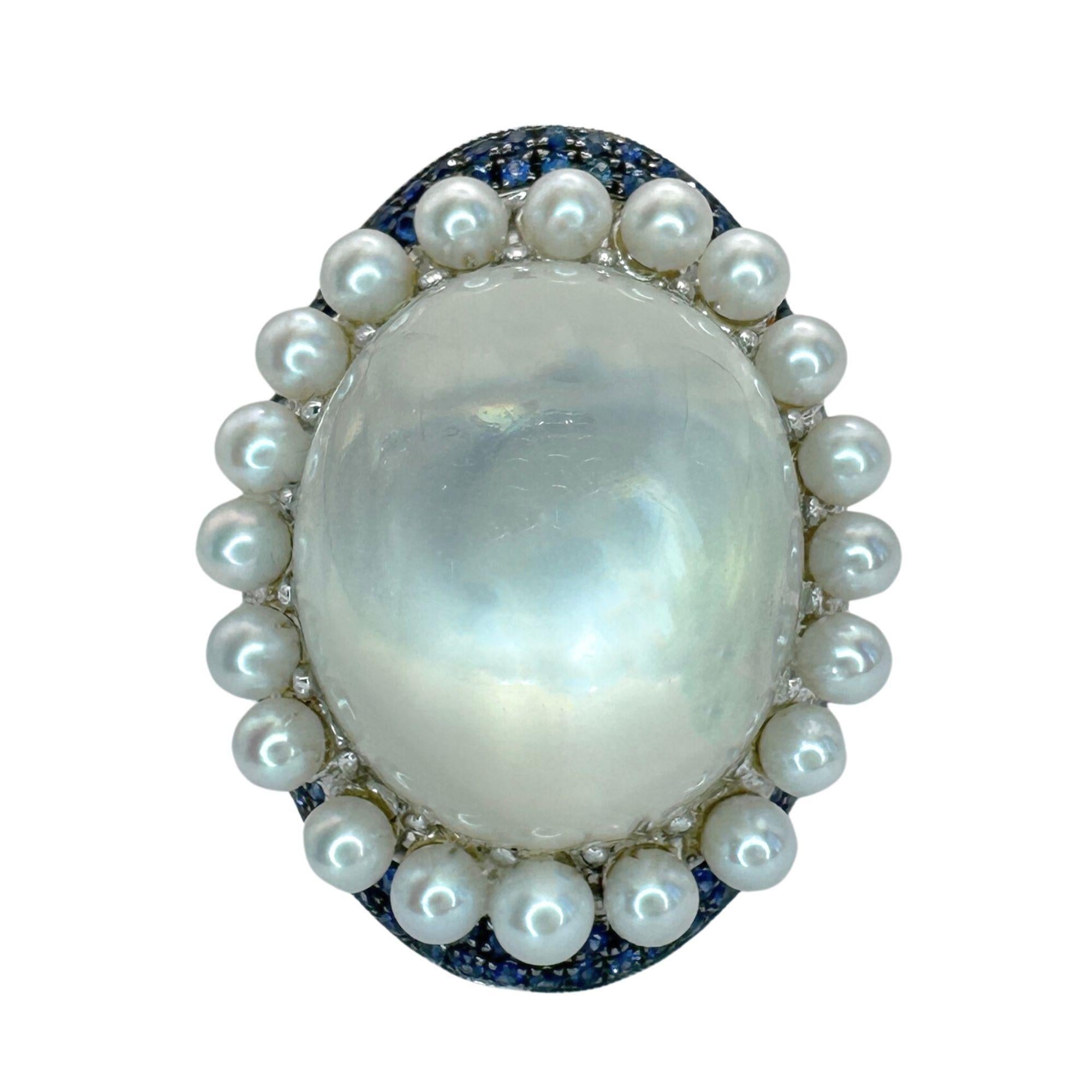 Round Cut 18k Pearl, Diamond, Sapphire and Moonstone Cocktail Ring For Sale