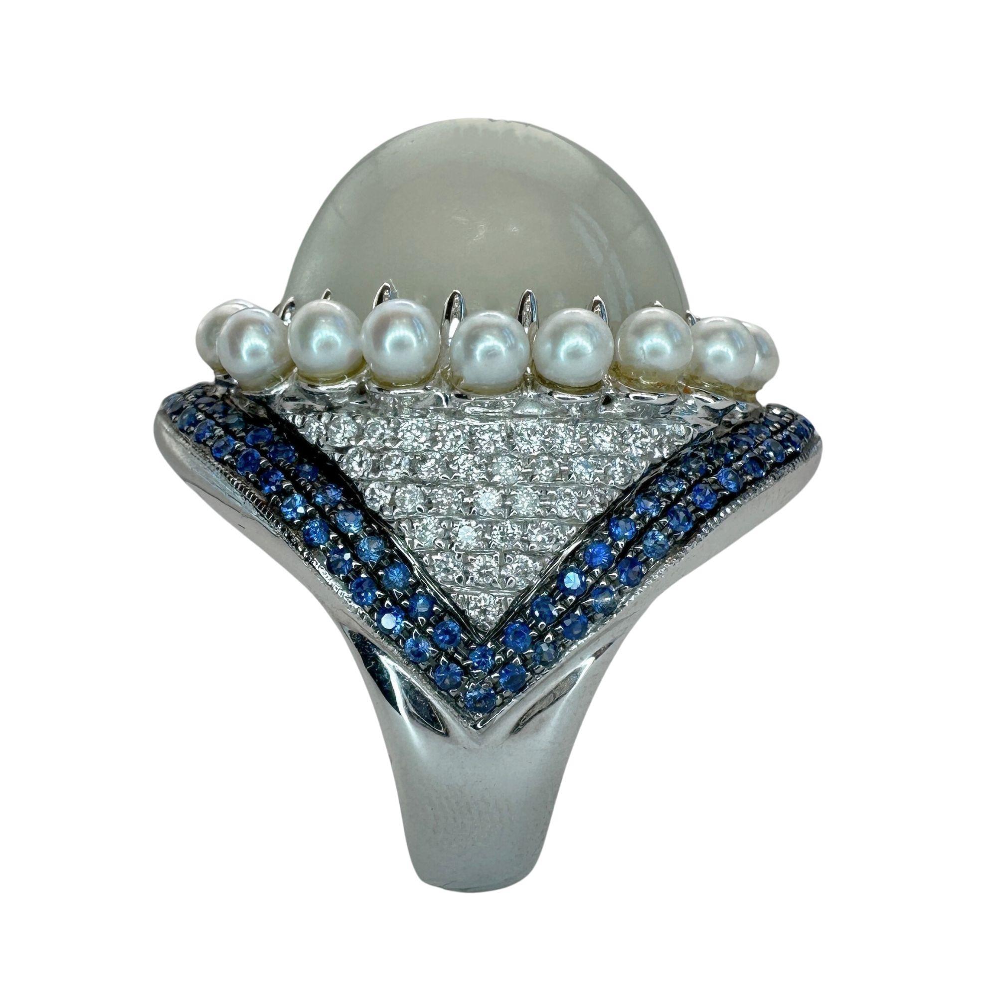 18k Pearl, Diamond, Sapphire and Moonstone Cocktail Ring In Good Condition For Sale In New York, NY