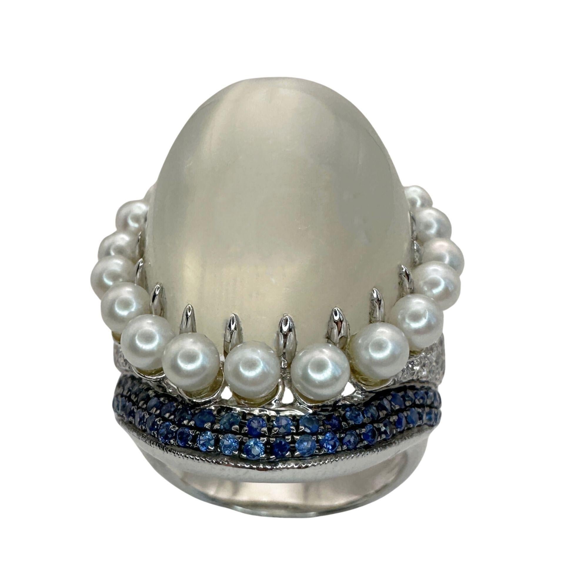 18k Pearl, Diamond, Sapphire and Moonstone Cocktail Ring For Sale 1