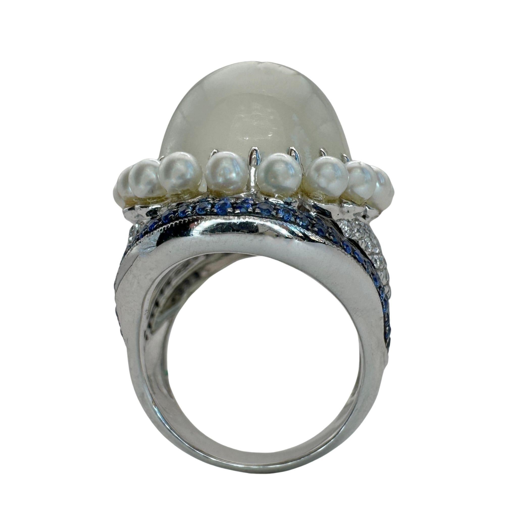 18k Pearl, Diamond, Sapphire and Moonstone Cocktail Ring For Sale 2