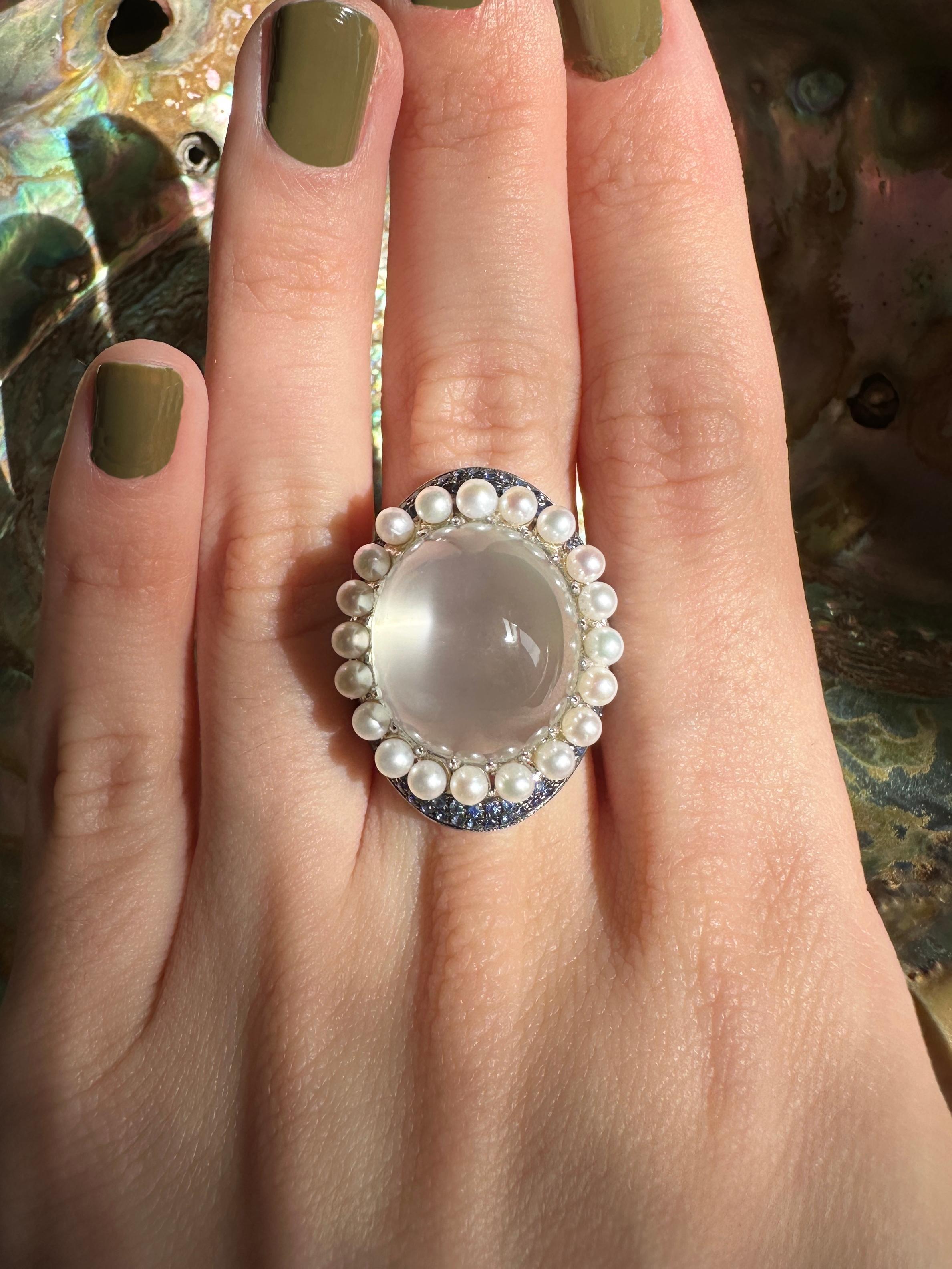 18k Pearl, Diamond, Sapphire and Moonstone Cocktail Ring For Sale 4