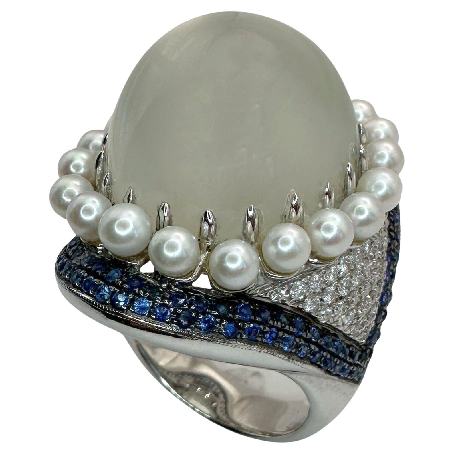 18k Pearl, Diamond, Sapphire and Moonstone Cocktail Ring