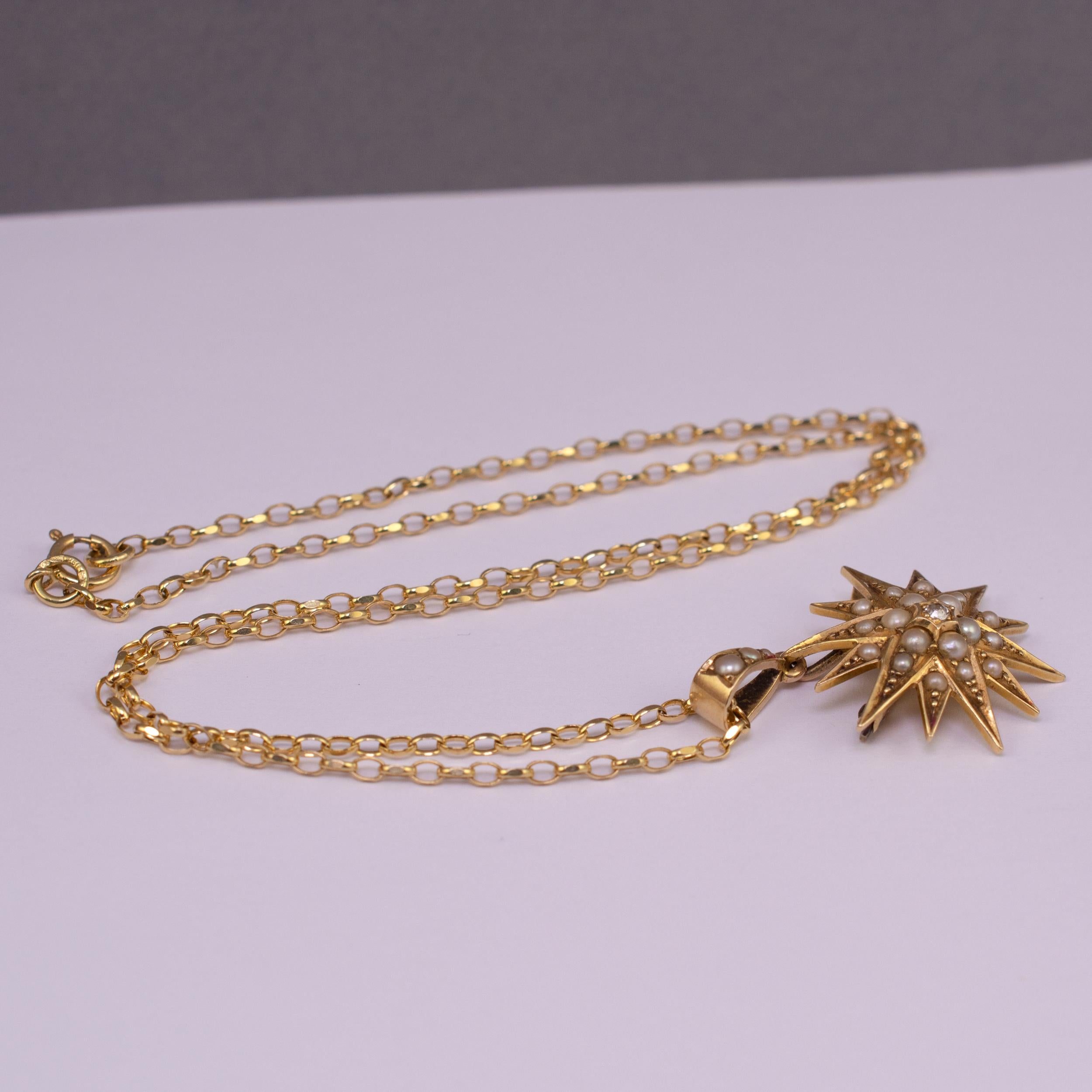 18 Karat Pearl Diamond Star Pendant Brooch with 18 Karat Gold Chain, circa 1900 5