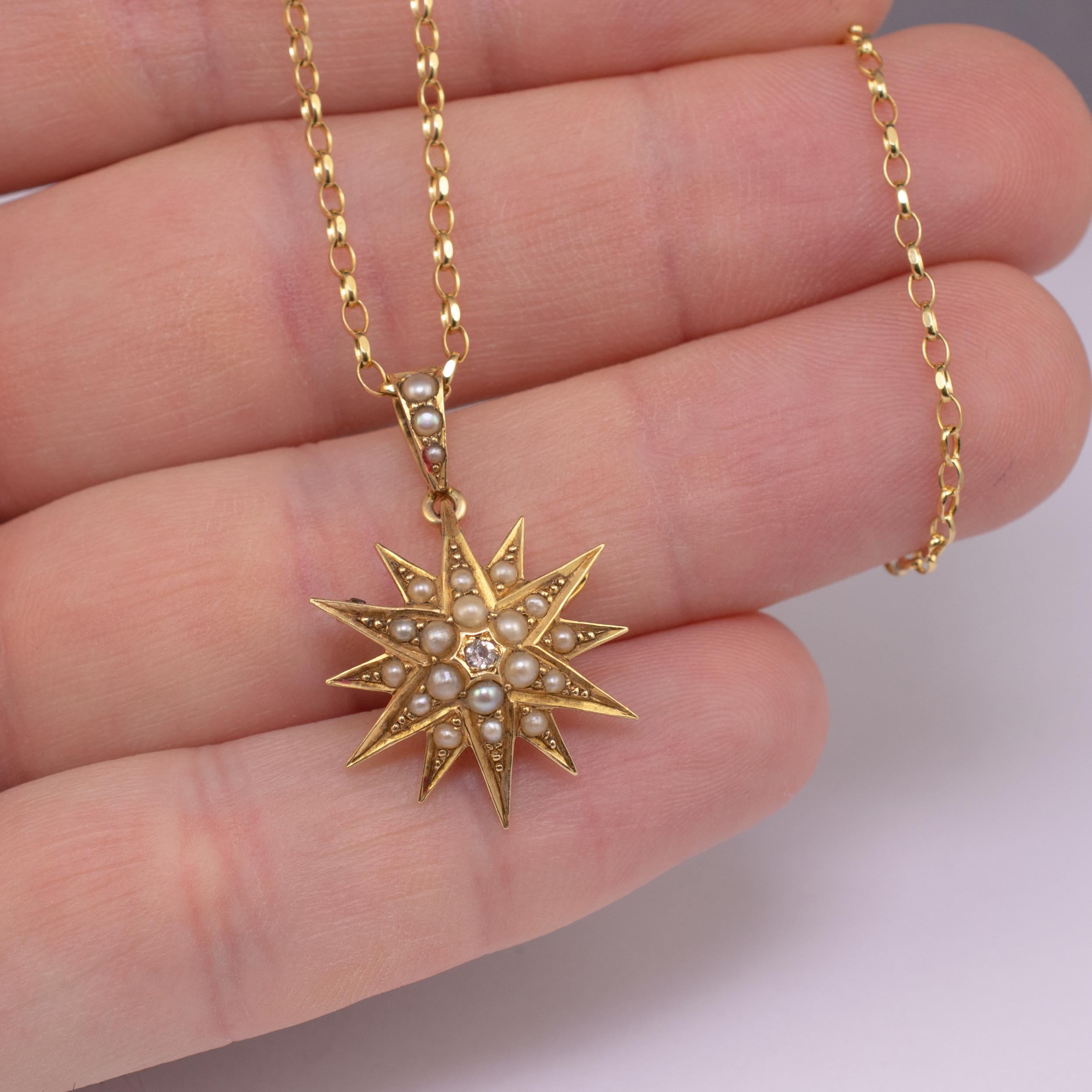 This fine quality antique diamond and pearl star shape pendant brooch is crafted in 18 karat yellow gold.

The early 20th century piece can be worn as a pendant or brooch to suit. It is expertly handcrafted into a domed 12 pointed star and adorned